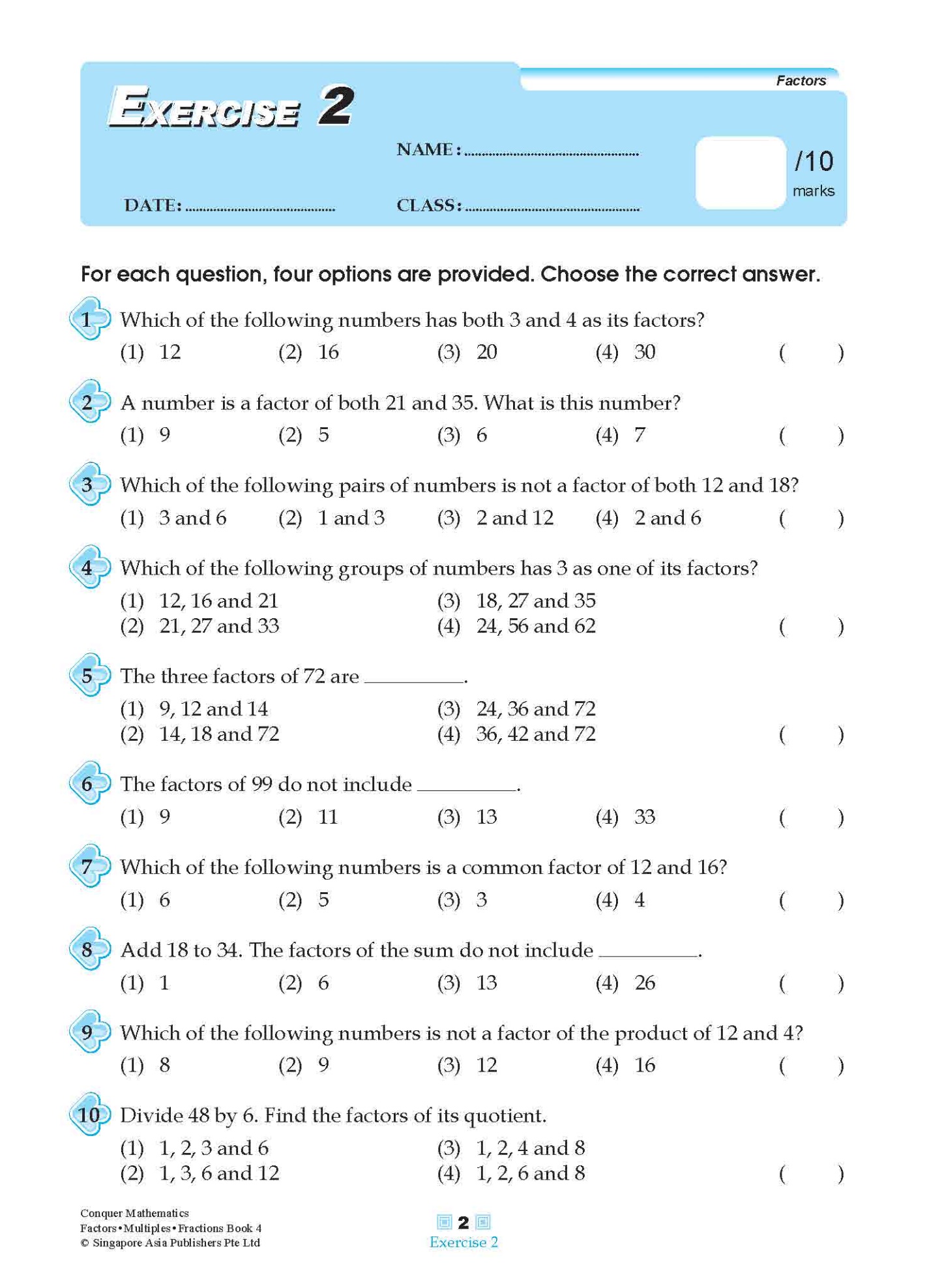 Conquer Mathematics Factors . Multiples . Fractions Workbook 4