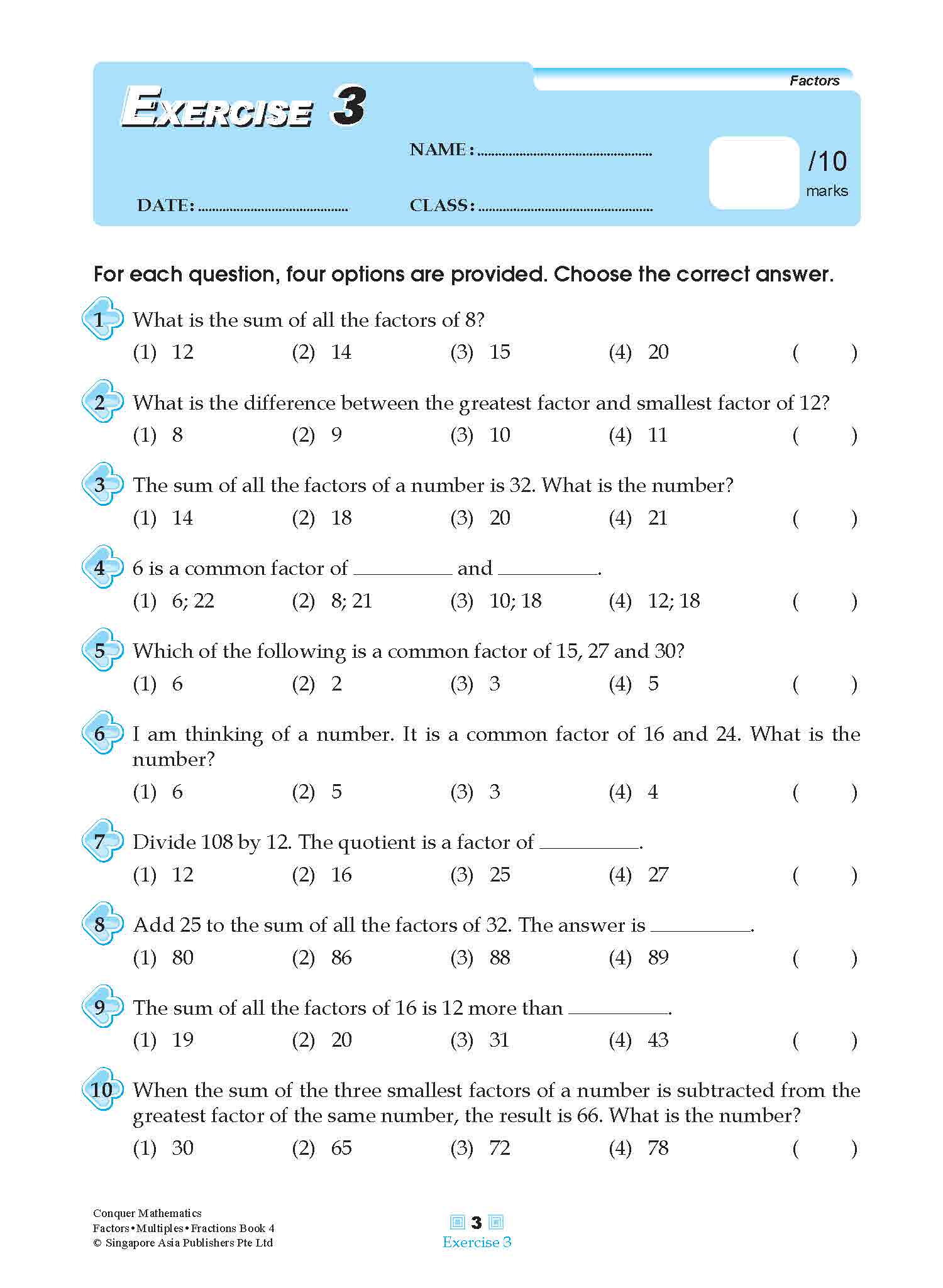 Conquer Mathematics Factors . Multiples . Fractions Workbook 4