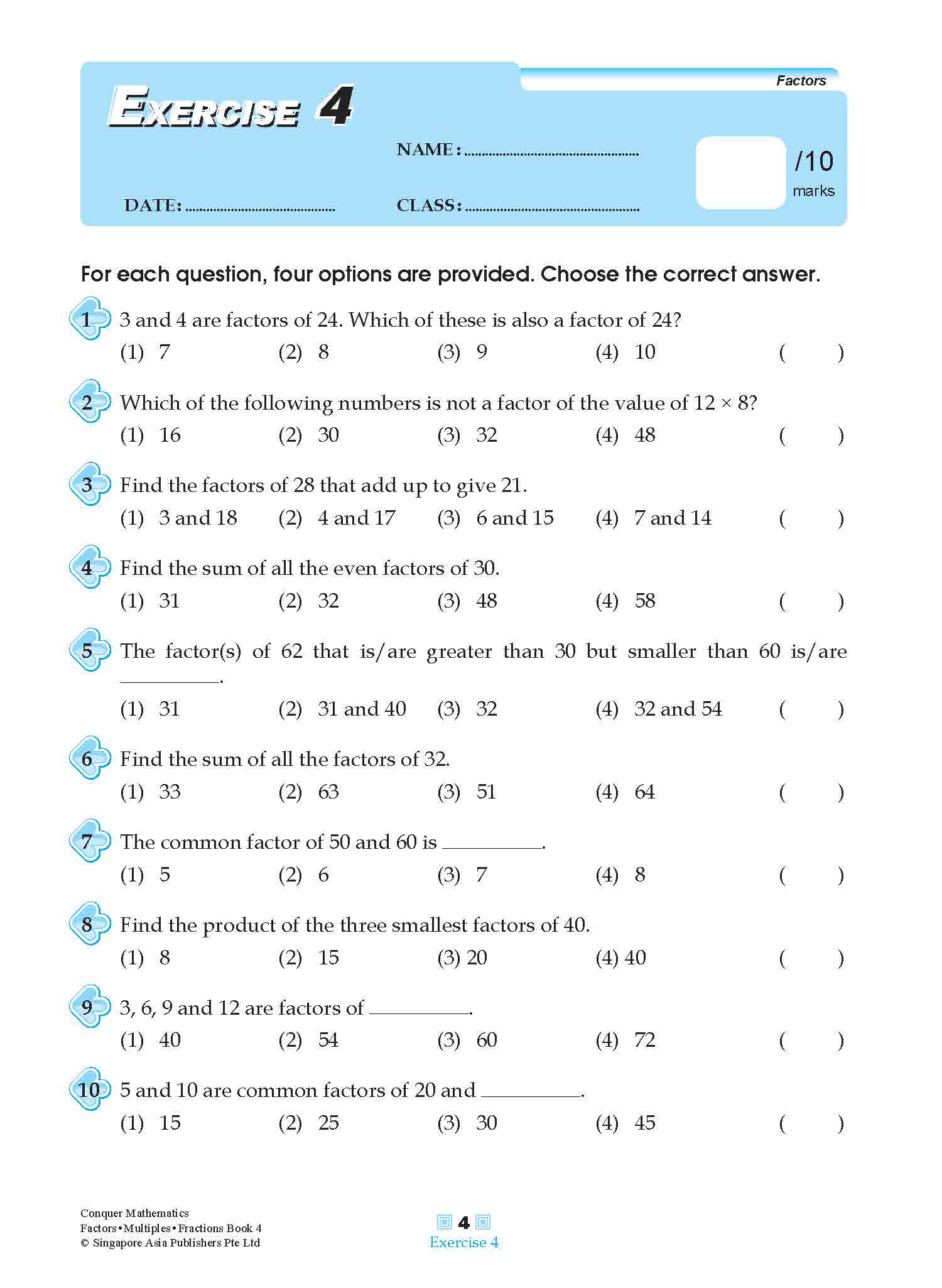 Conquer Mathematics Factors . Multiples . Fractions Workbook 4
