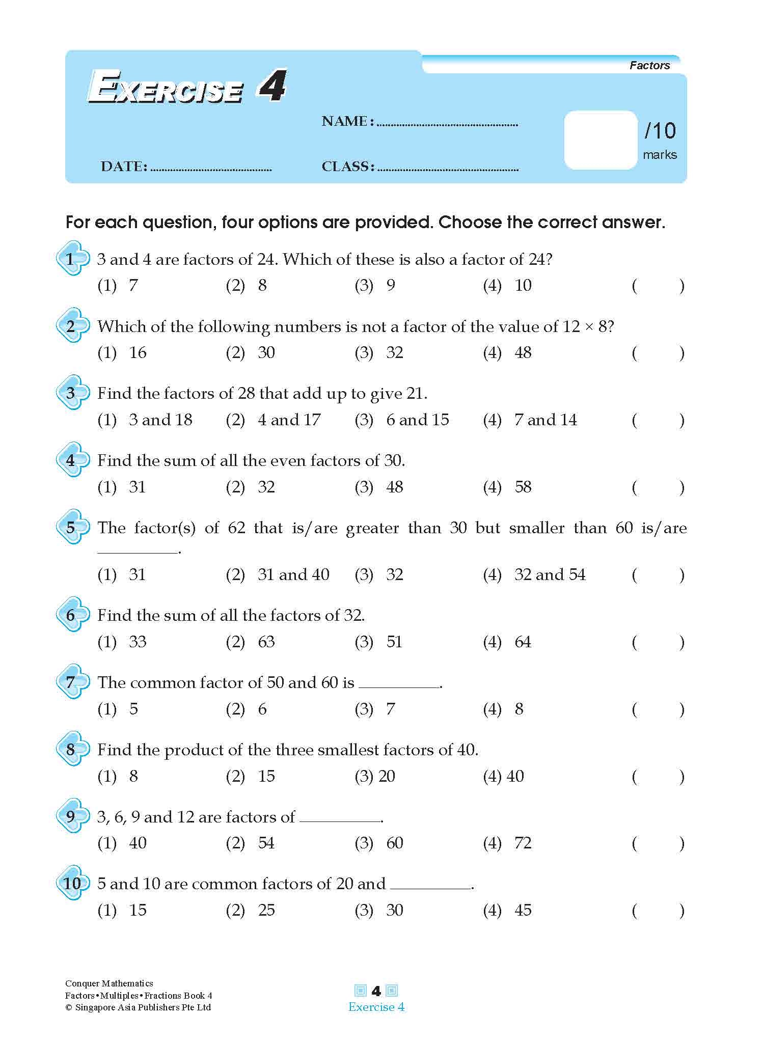 Conquer Mathematics Factors . Multiples . Fractions Workbook 4
