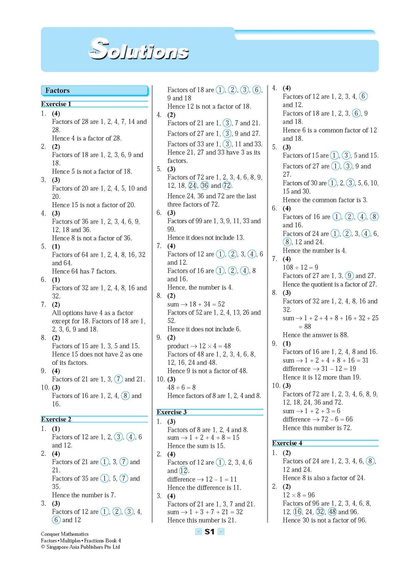 Conquer Mathematics Factors . Multiples . Fractions Workbook 4