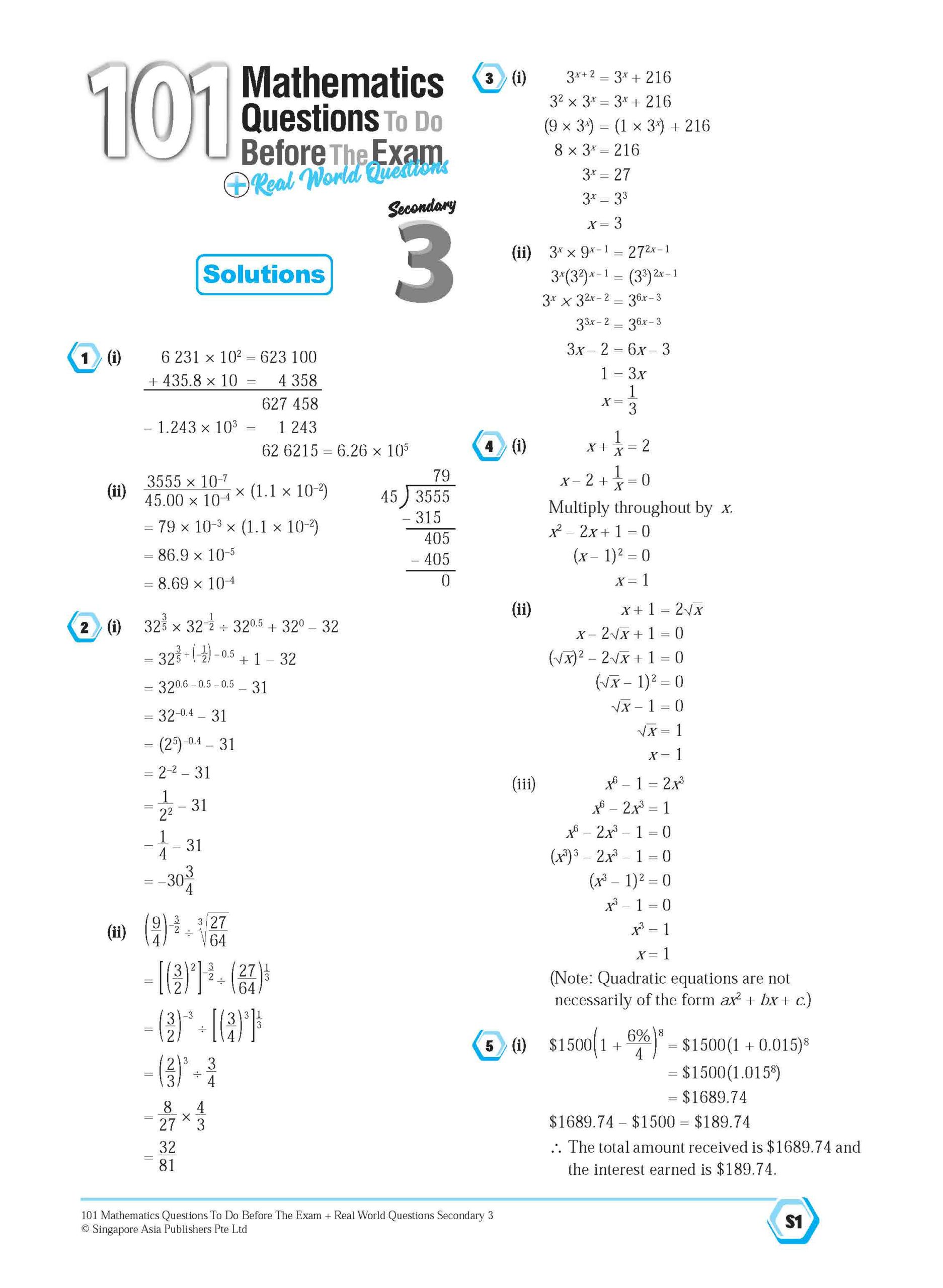 101 Mathematics Questions To Do Before The Exam + Real World Questions Secondary 3