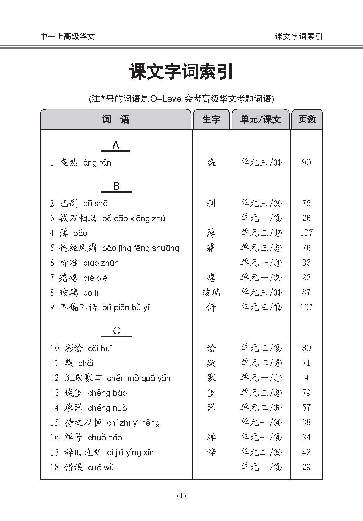 中学一年级高级华文课文字词手册 (一上) / A Handbook Of Vocabulary For Secondary 1A [Higher Chinese]