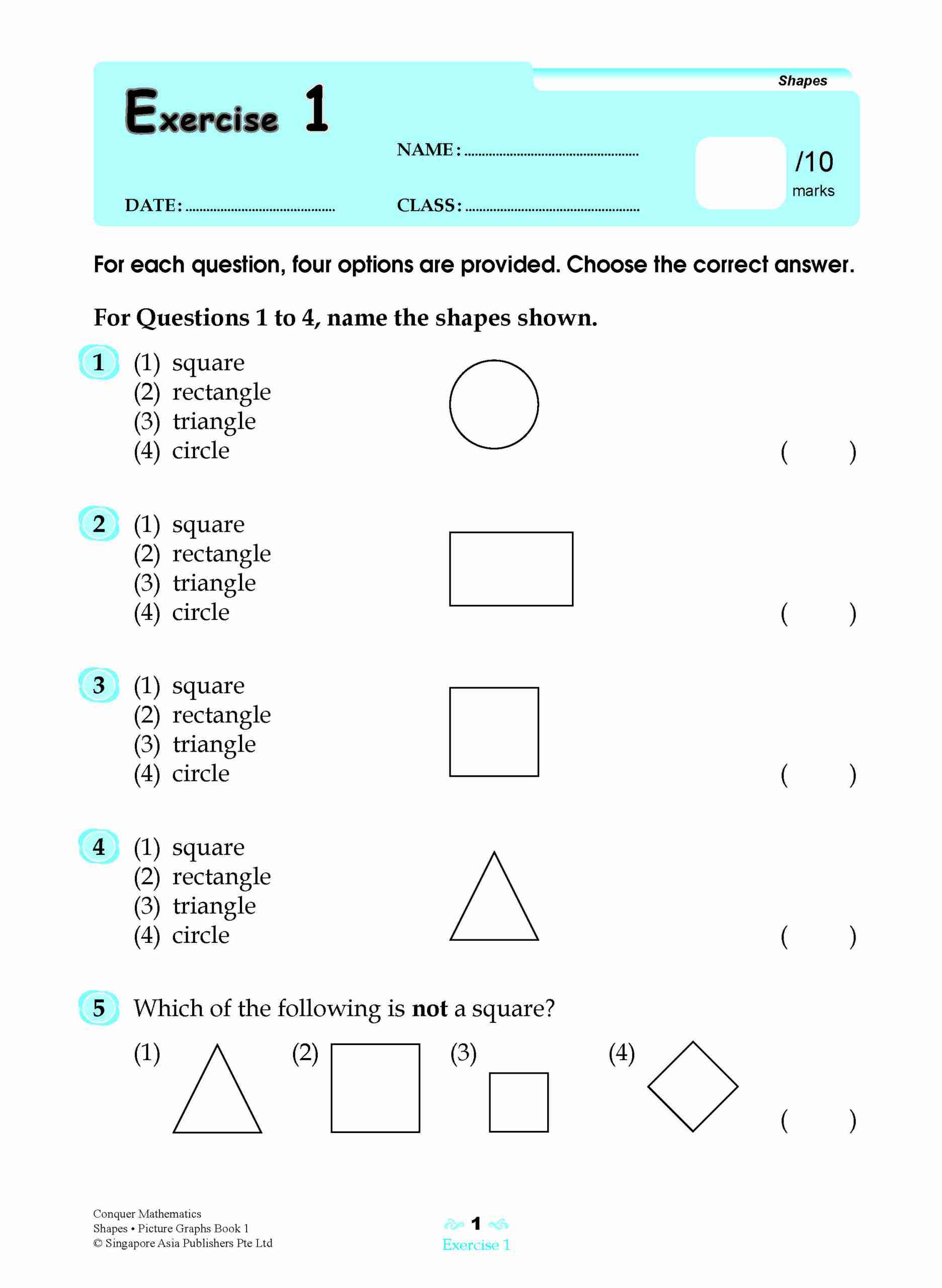 Conquer Mathematics (Shapes • Picture Graphs) For Primary Levels Workbook 1