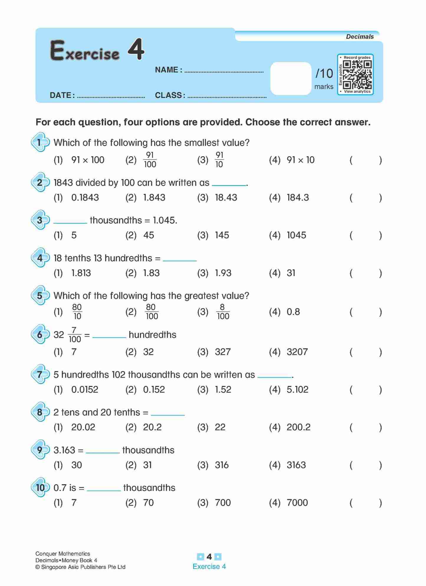 Conquer Mathematics Decimals • Money Workbook 4