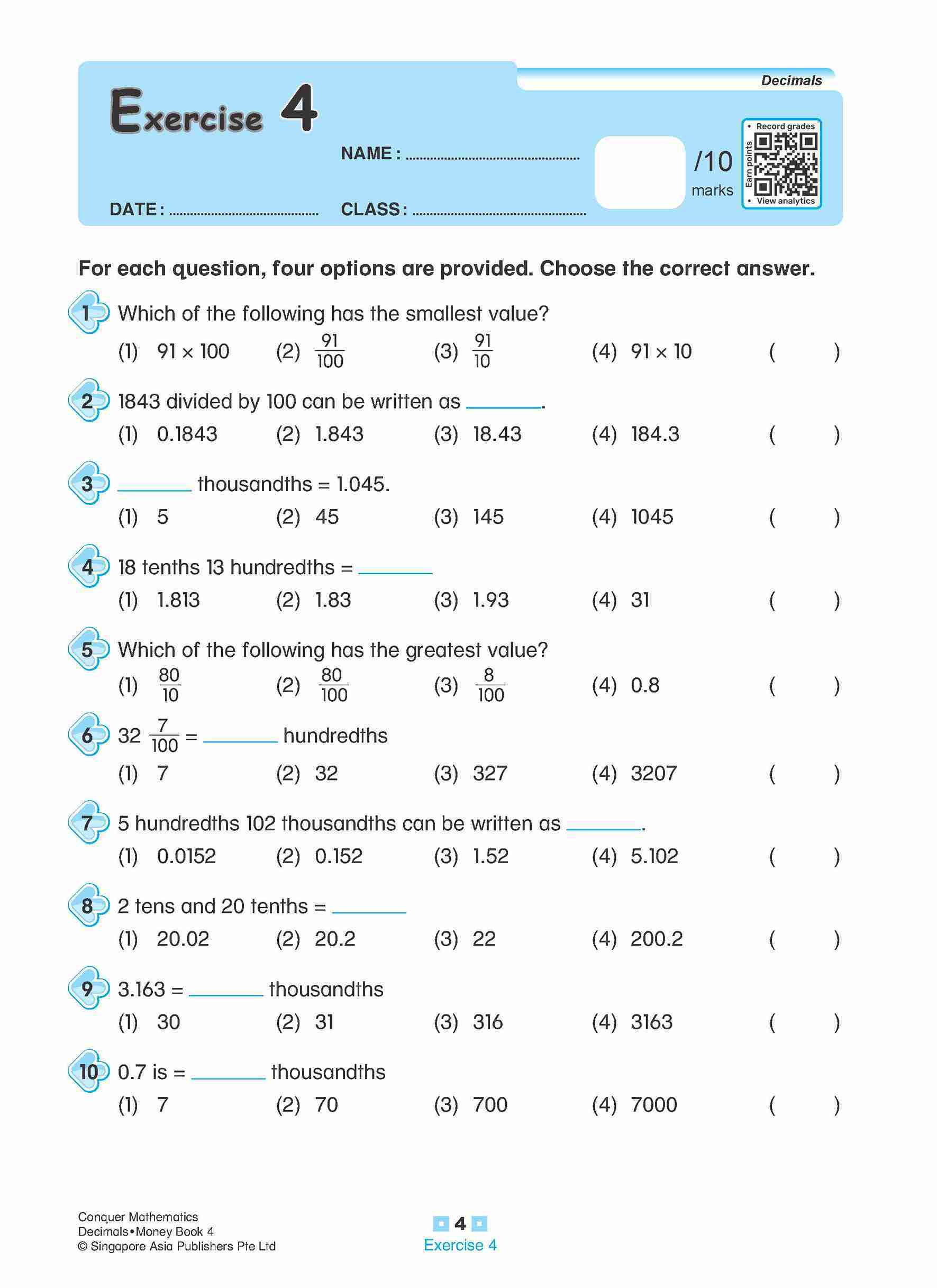 Conquer Mathematics Decimals • Money Workbook 4