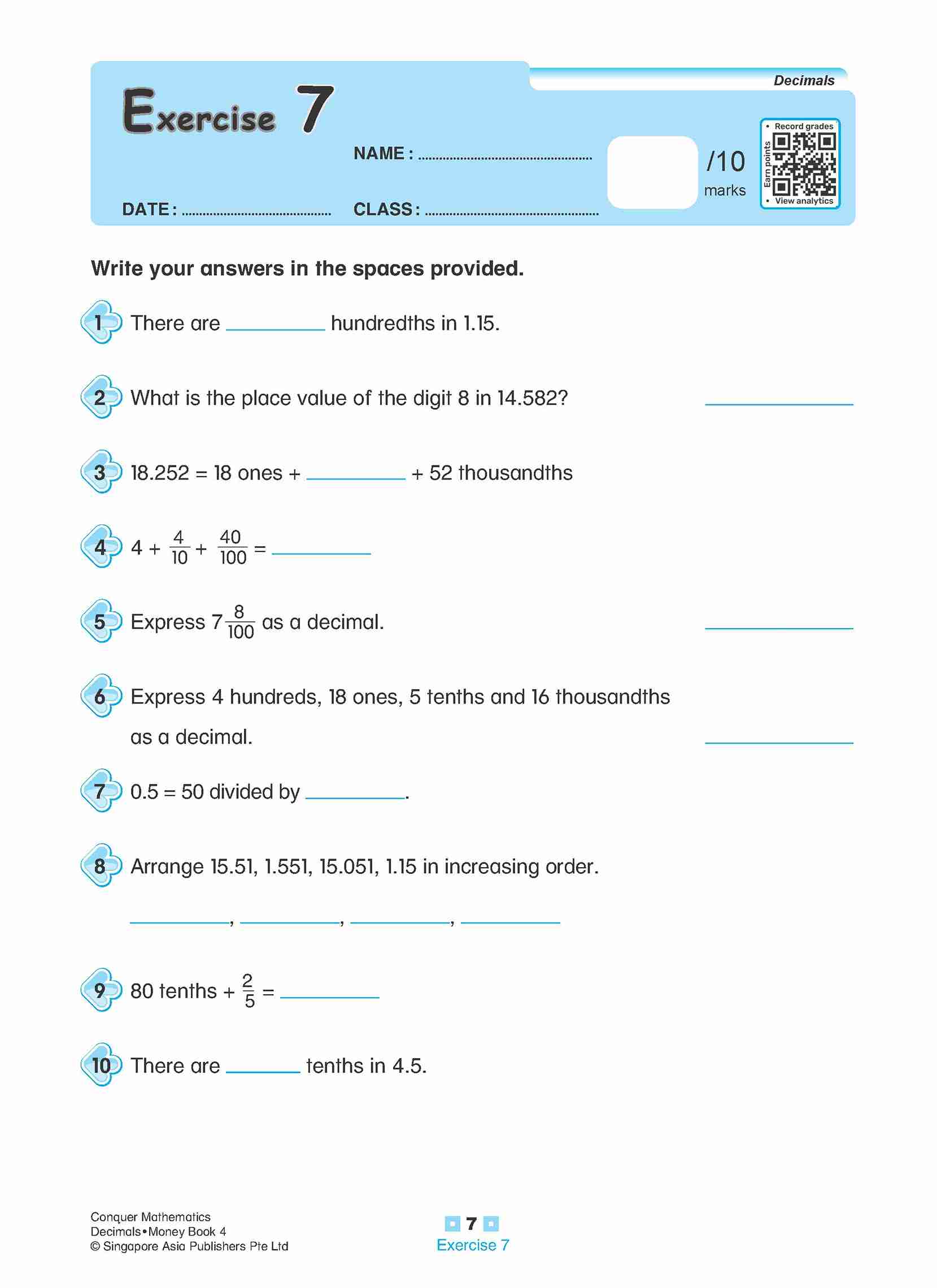Conquer Mathematics Decimals • Money Workbook 4
