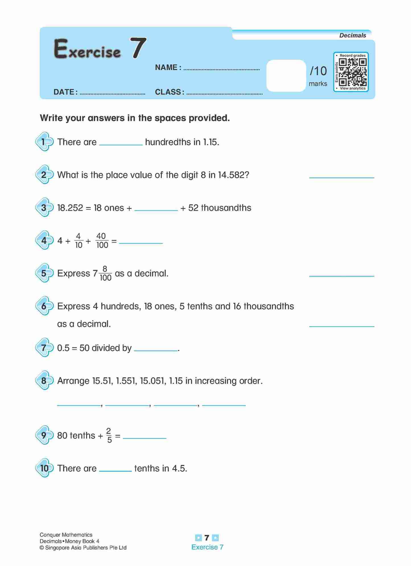 Conquer Mathematics Decimals • Money Workbook 4