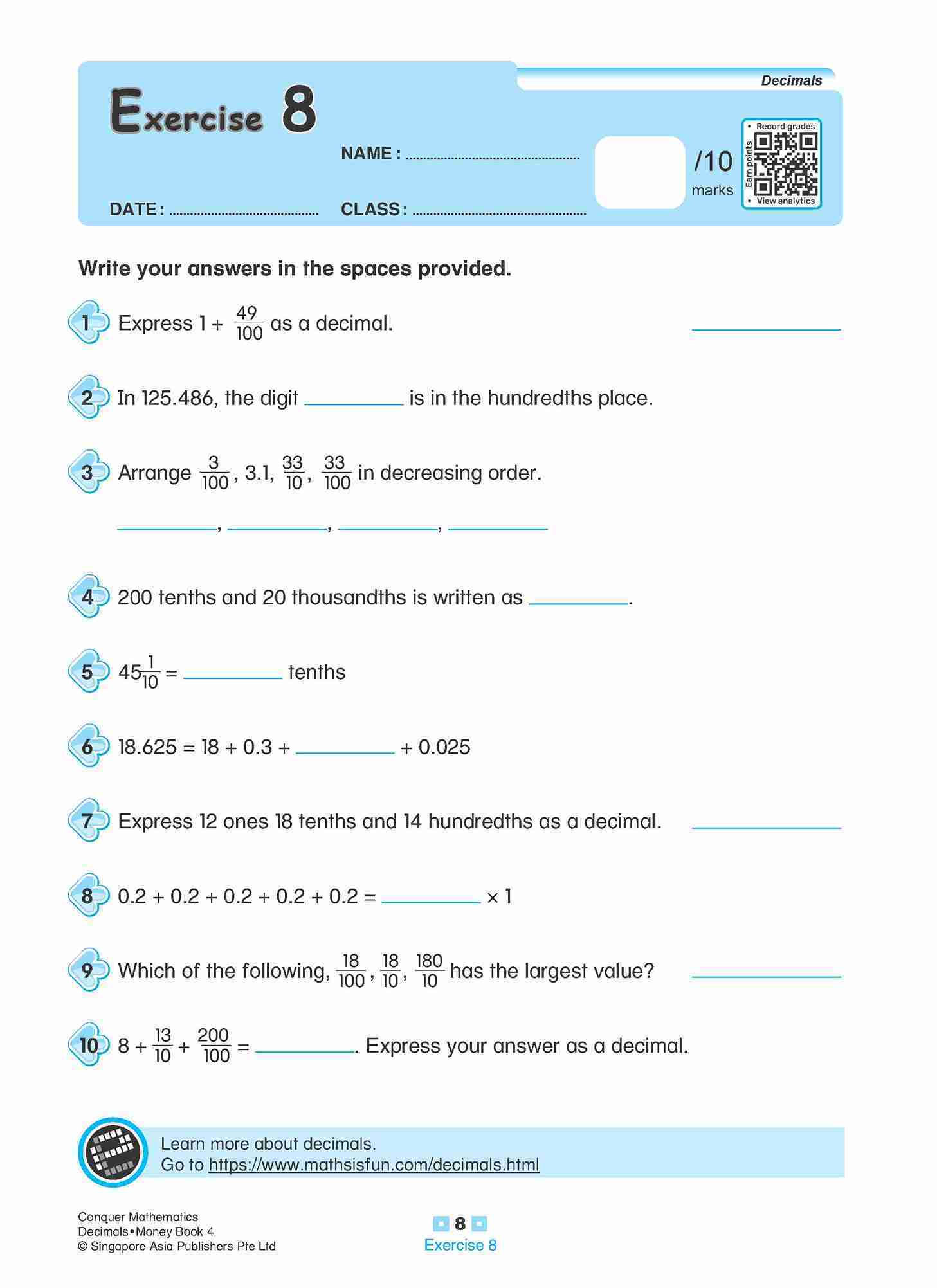 Conquer Mathematics Decimals • Money Workbook 4