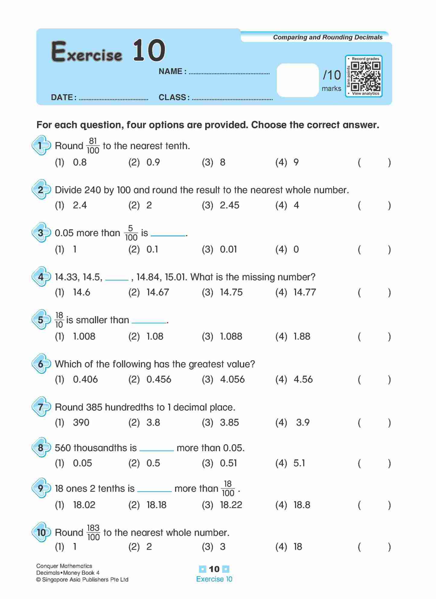 Conquer Mathematics Decimals • Money Workbook 4