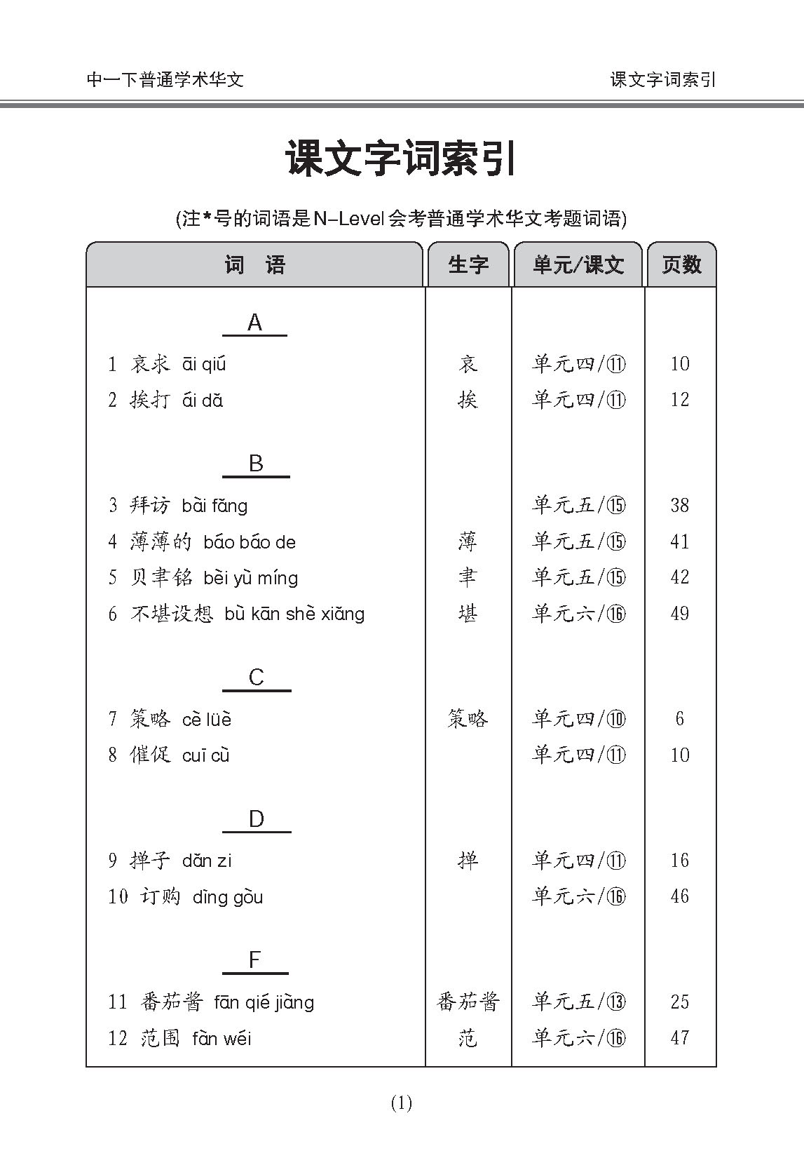 中学一年级普通学术华文课文字词手册 (一下) (A Handbook of Vocabulary For Secondary 1B Normal Academic Chinese)
