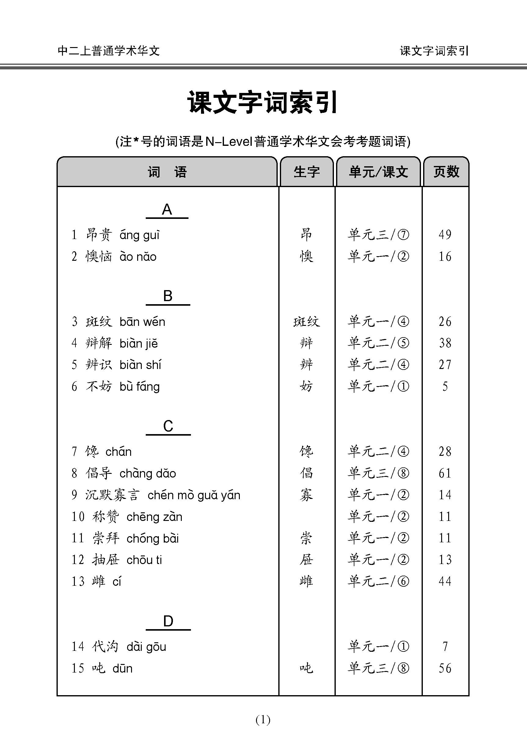 中学二年级 普通学术华文 课文字词手册 (二上) / A Handbook Of Vocabulary For Secondary 2A [Normal Academic Chinese]