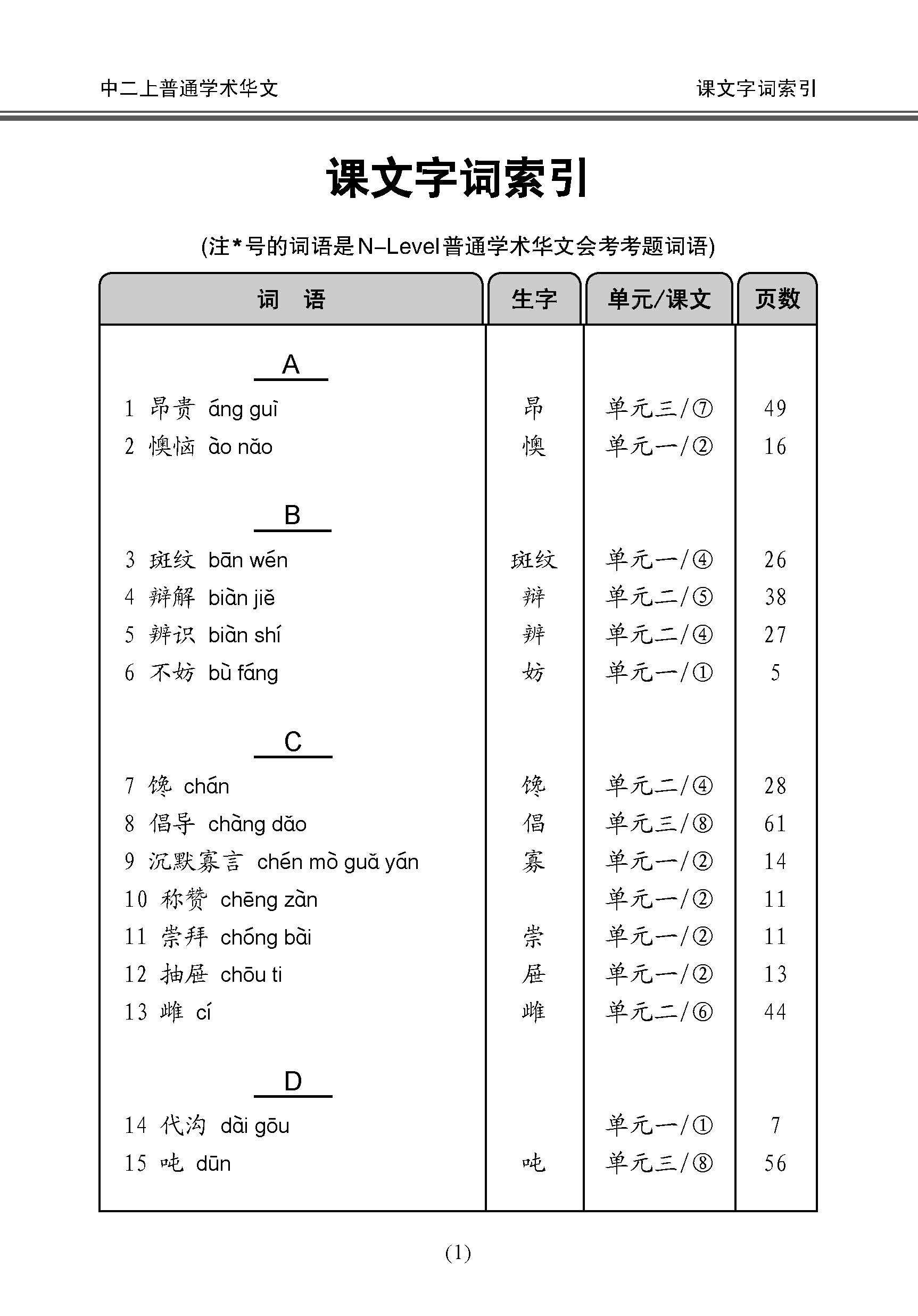 中学二年级 普通学术华文 课文字词手册 (二上) / A Handbook Of Vocabulary For Secondary 2A [Normal Academic Chinese]