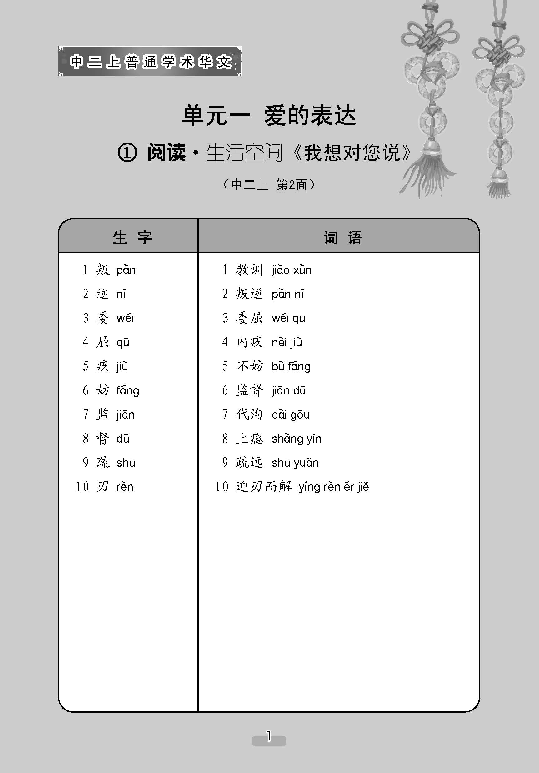 中学二年级 普通学术华文 课文字词手册 (二上) / A Handbook Of Vocabulary For Secondary 2A [Normal Academic Chinese]