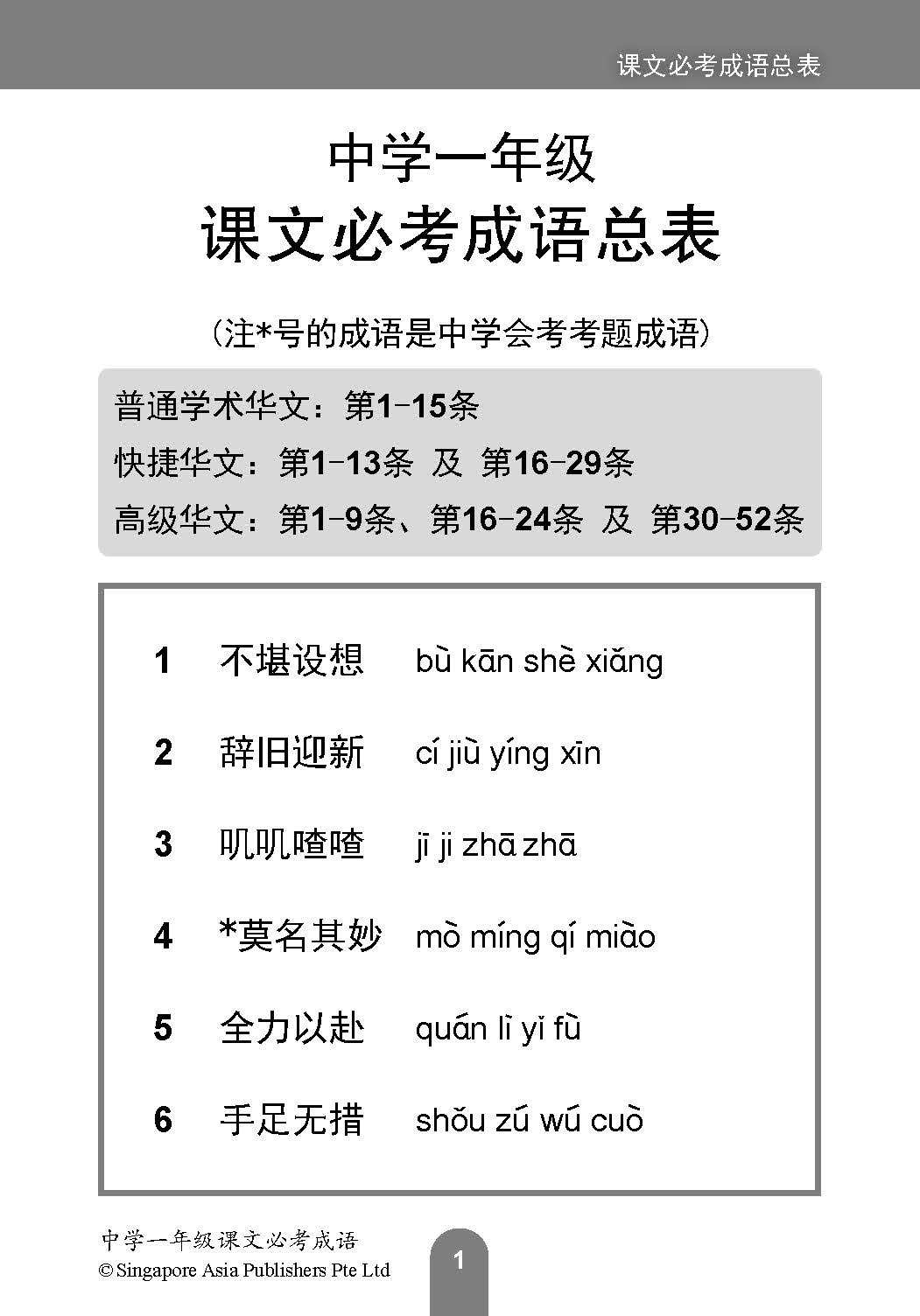 中学一年级 普通学术华文 / 快捷华文 / 高级华文 课文必考成语 / Examinable Idioms For Secondary 1 [Normal Academic / Express / Higher Chinese]