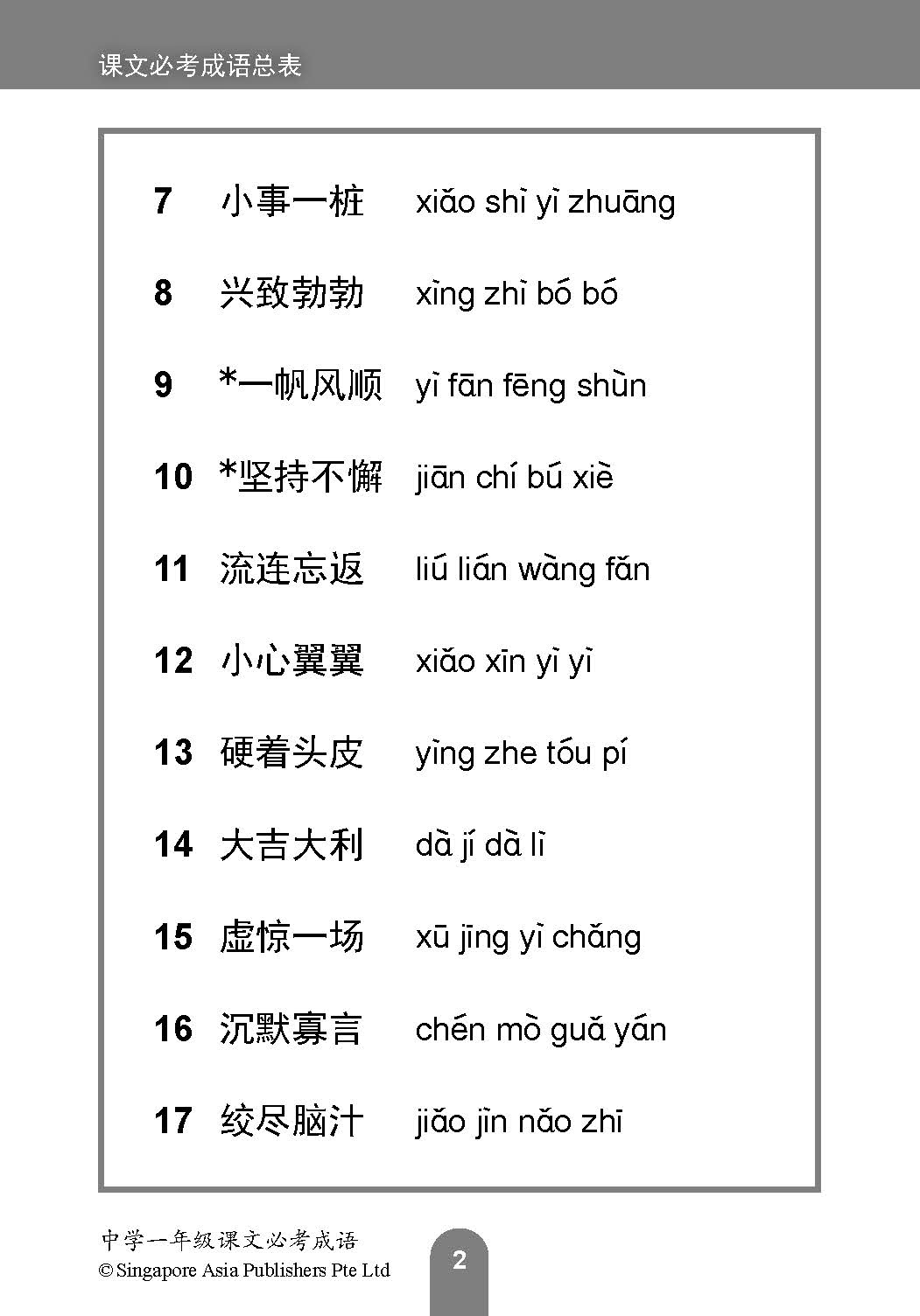 中学一年级 普通学术华文 / 快捷华文 / 高级华文 课文必考成语 / Examinable Idioms For Secondary 1 [Normal Academic / Express / Higher Chinese]