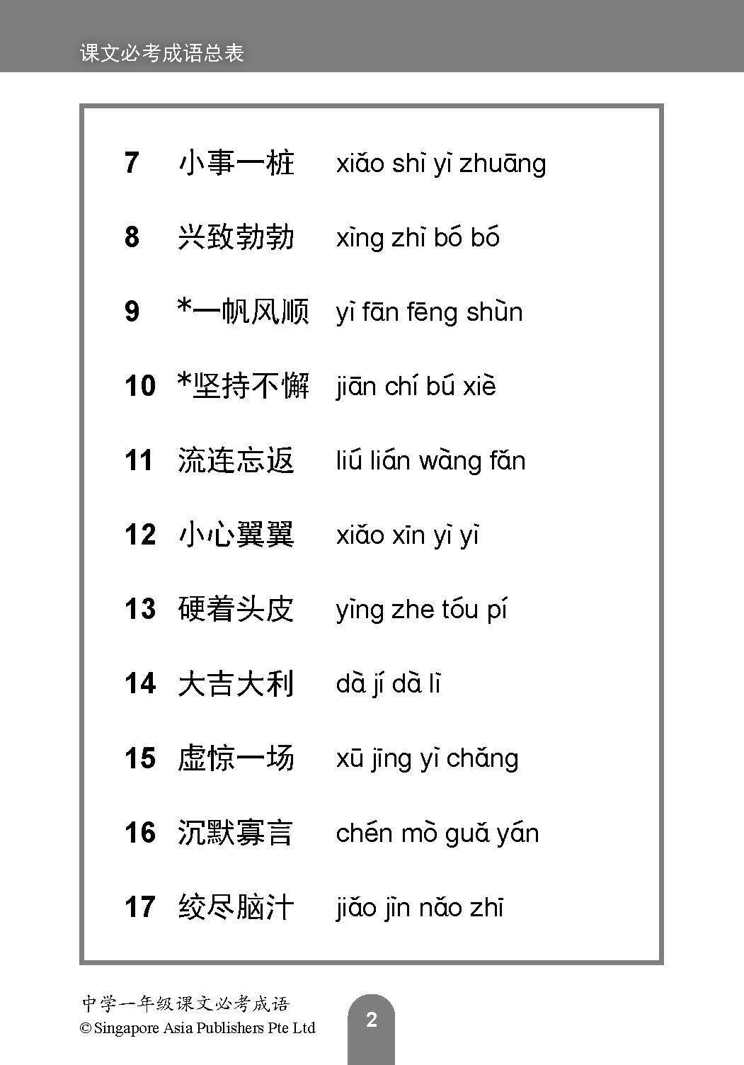 中学一年级 普通学术华文 / 快捷华文 / 高级华文 课文必考成语 / Examinable Idioms For Secondary 1 [Normal Academic / Express / Higher Chinese]