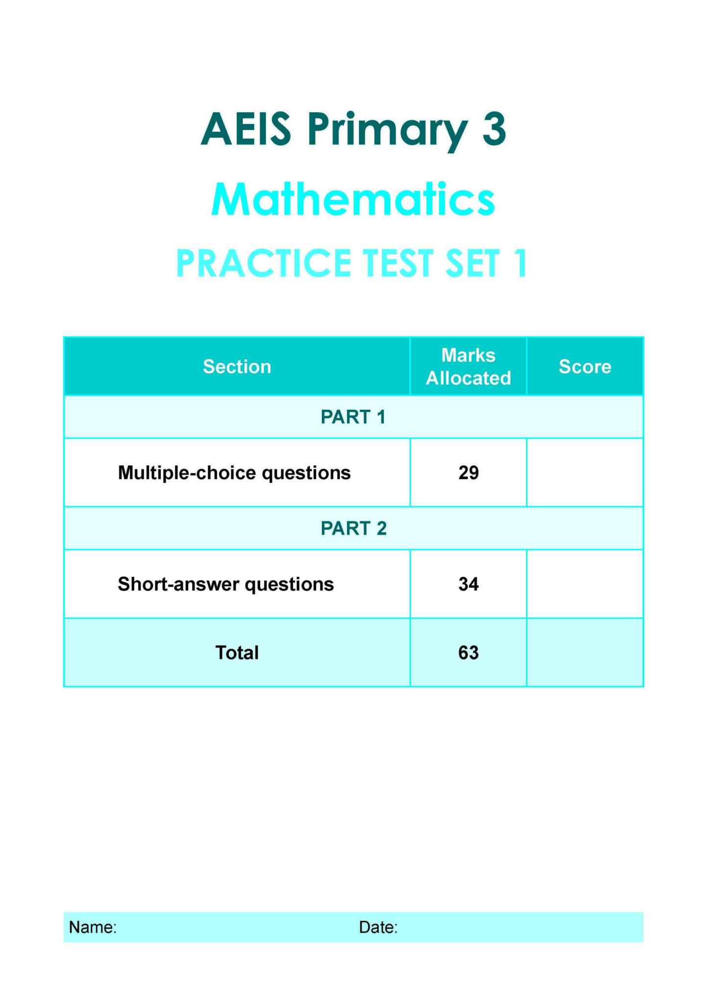 AEIS Practice Tests MATHEMATICS – Primary 3 (8 to 8+ Years)