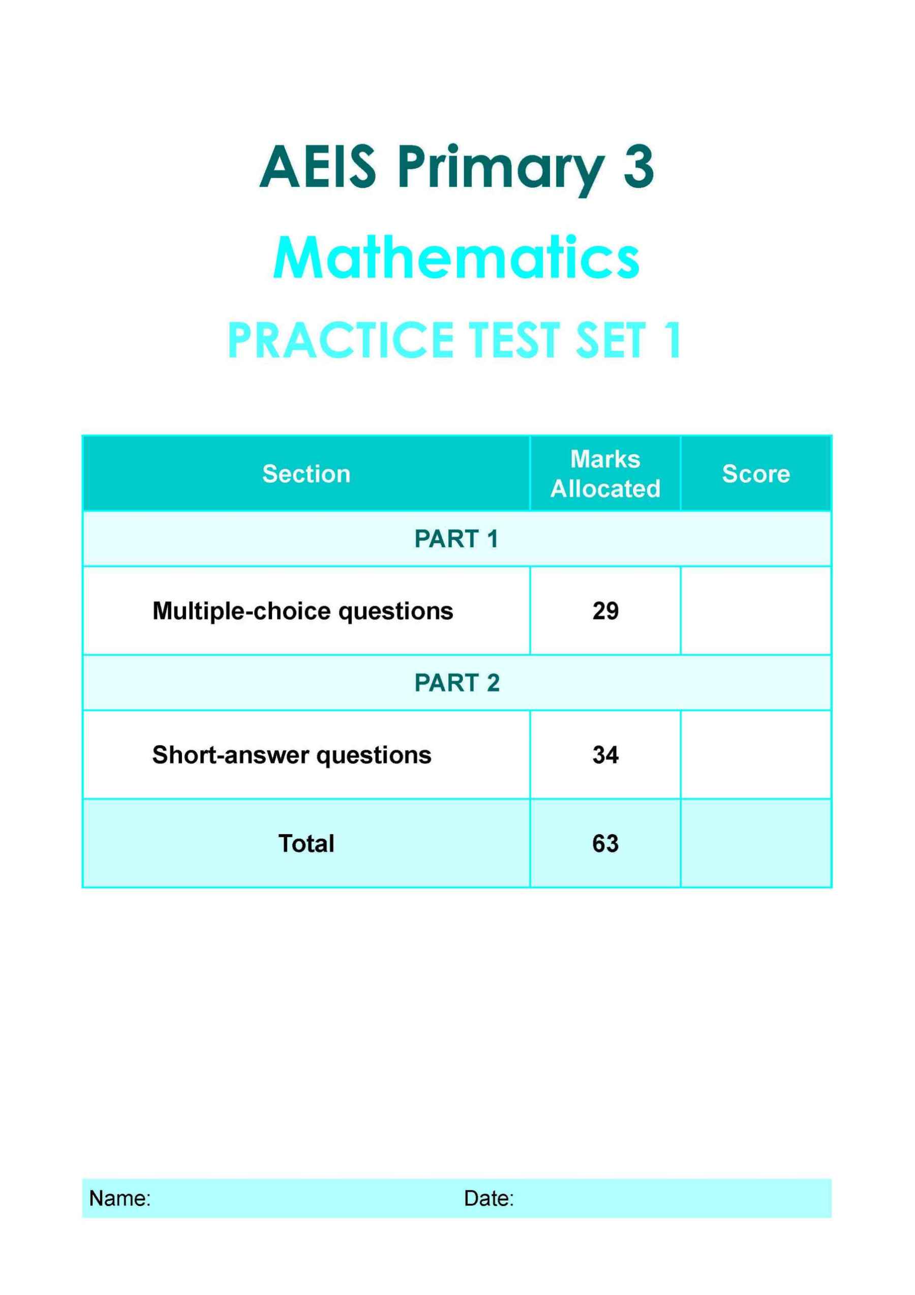 AEIS Practice Tests MATHEMATICS – Primary 3 (8 to 8+ Years)