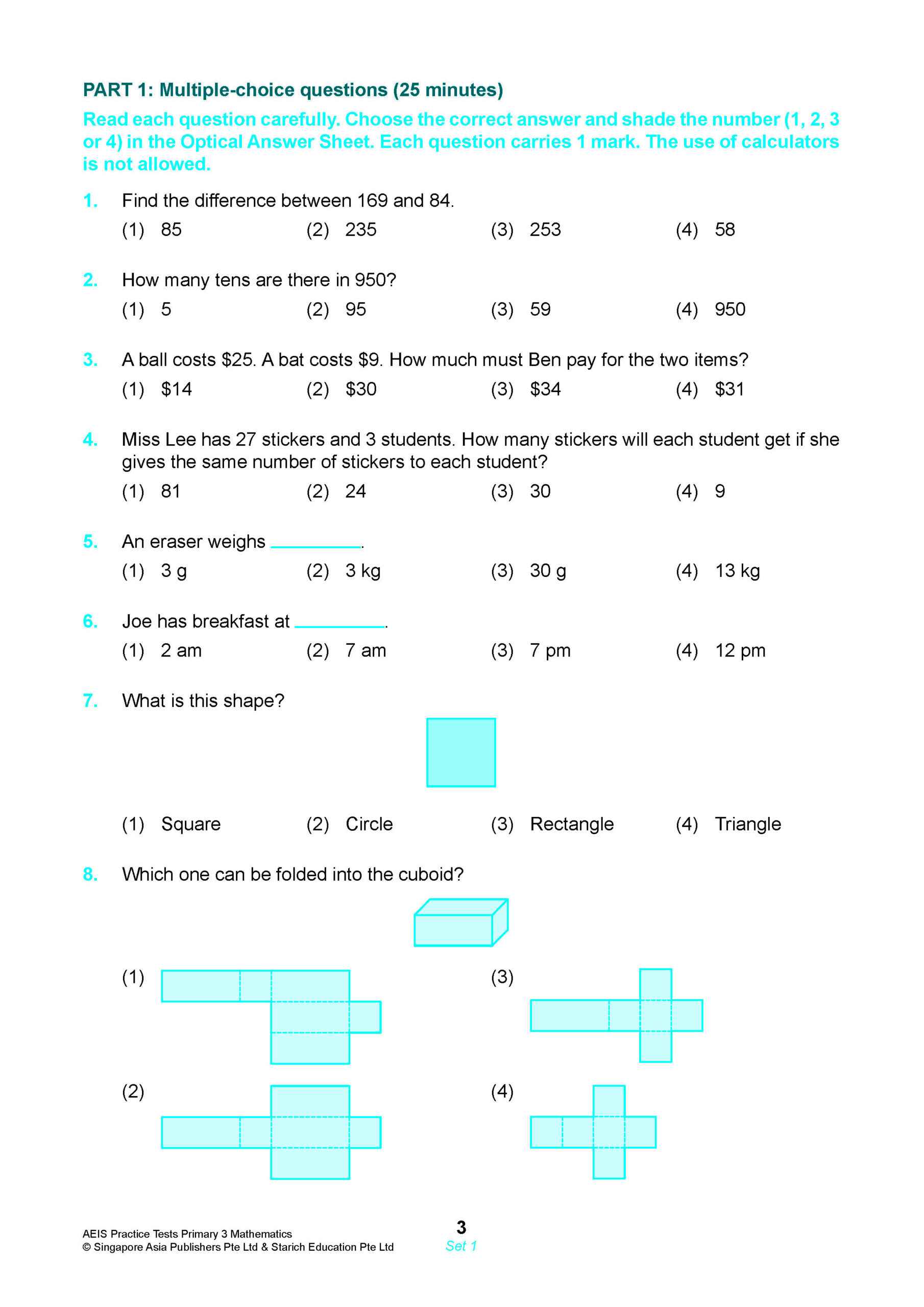 AEIS Practice Tests MATHEMATICS – Primary 3 (8 to 8+ Years)