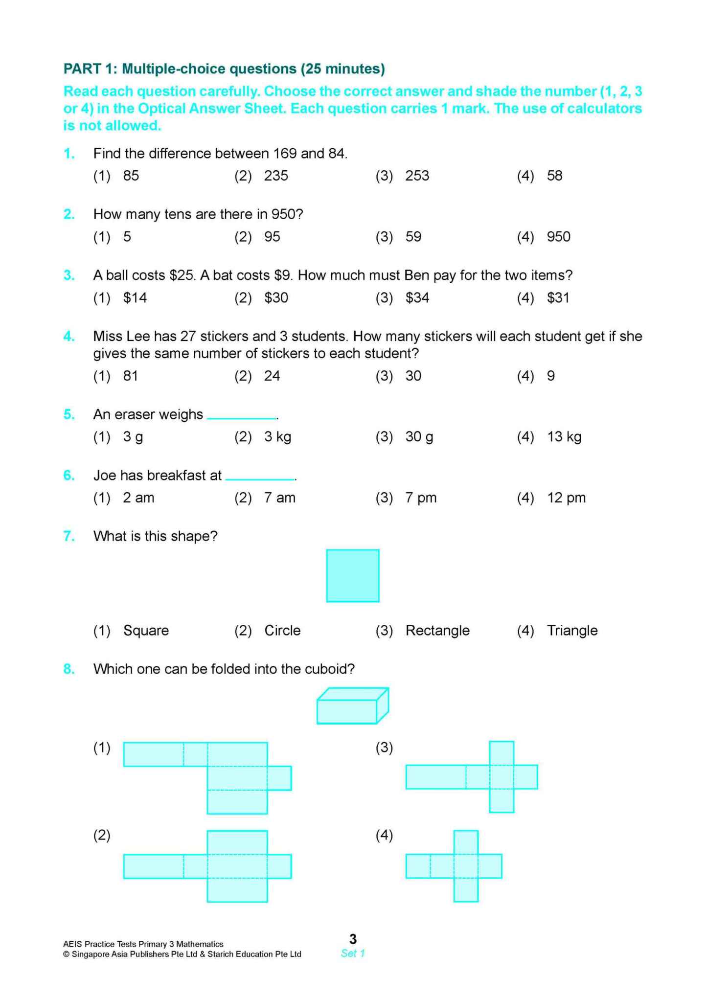 AEIS Practice Tests MATHEMATICS – Primary 3 (8 to 8+ Years)