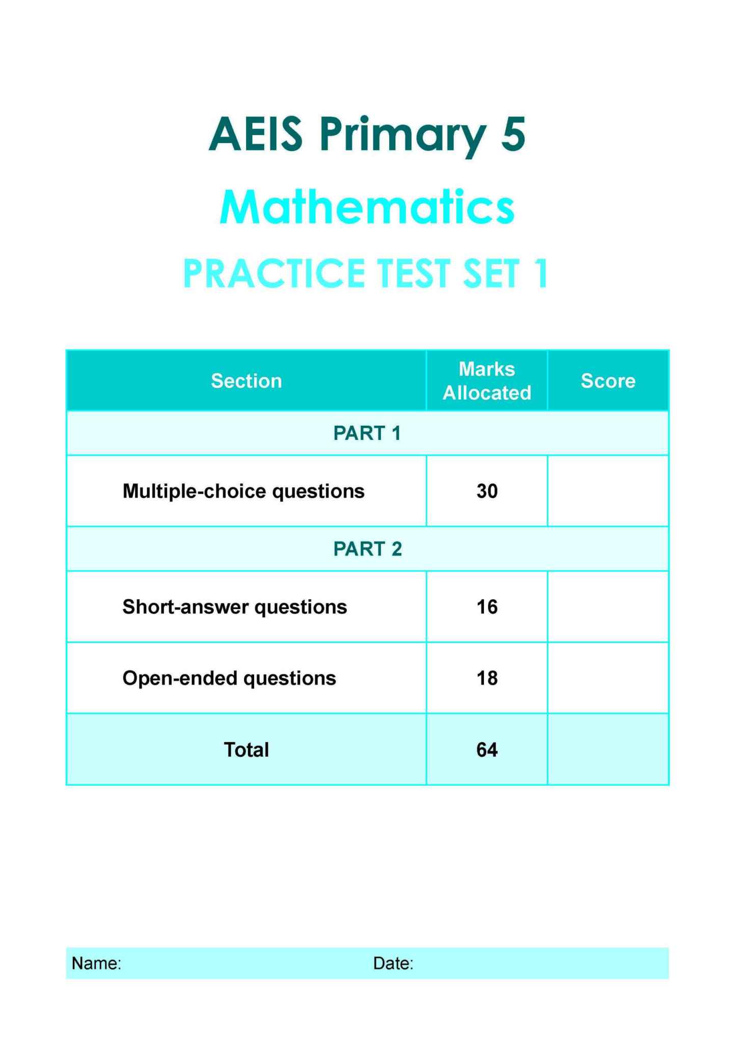 AEIS Practice Tests MATHEMATICS – Primary 5 (10 to 12+ Years)