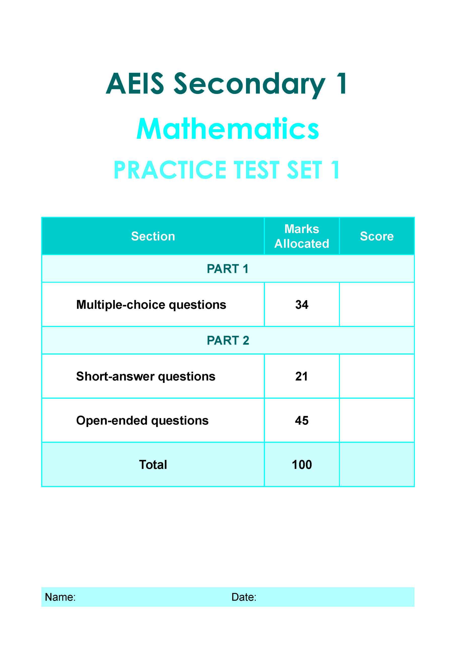 AEIS Practice Tests MATHEMATICS – Secondary 1 (12 to 14+ Years)