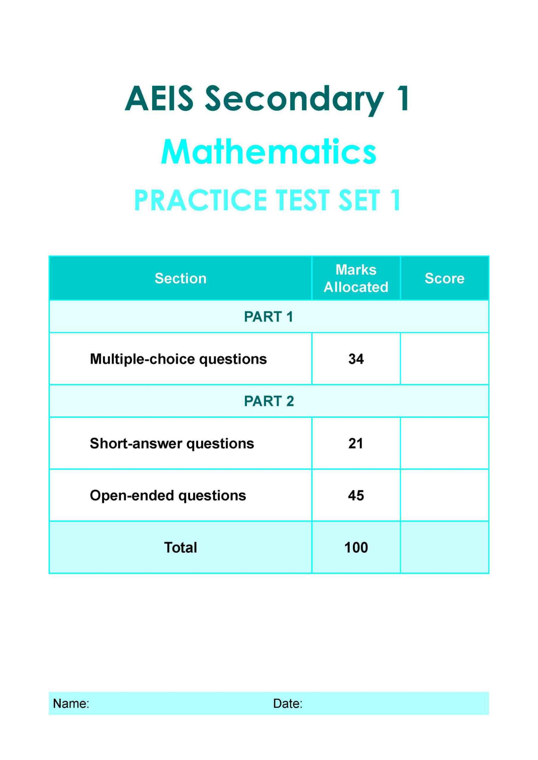 AEIS Practice Tests MATHEMATICS – Secondary 1 (12 to 14+ Years)