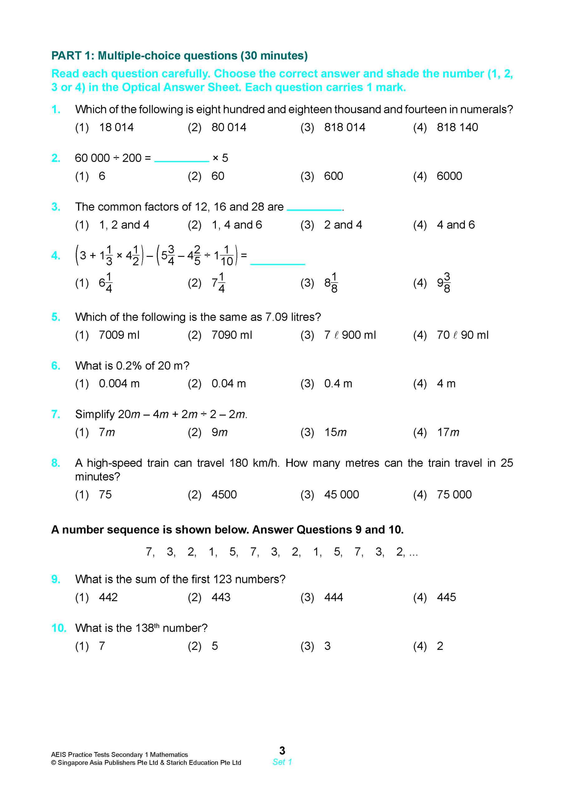 AEIS Practice Tests MATHEMATICS – Secondary 1 (12 to 14+ Years)