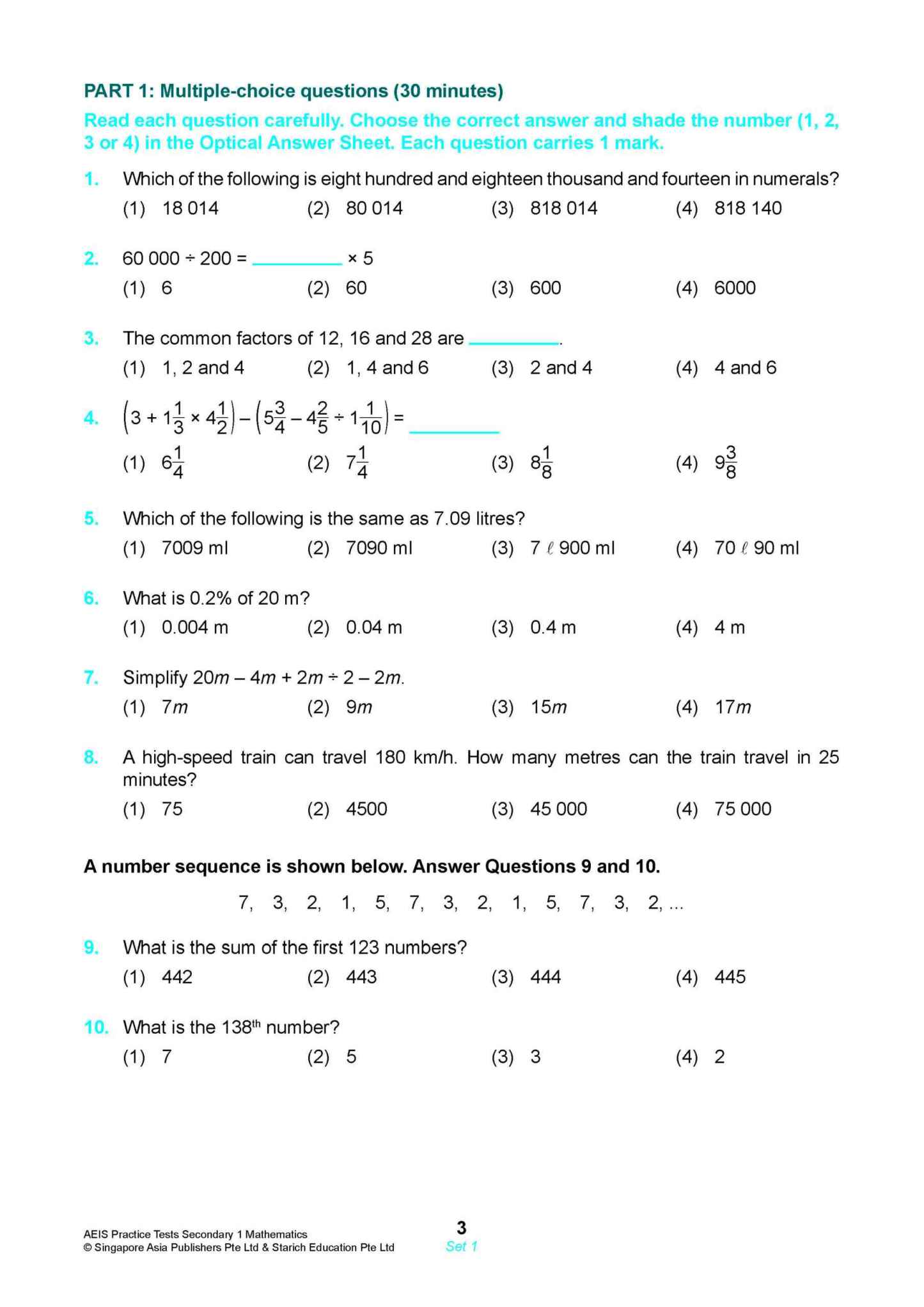 AEIS Practice Tests MATHEMATICS – Secondary 1 (12 to 14+ Years)