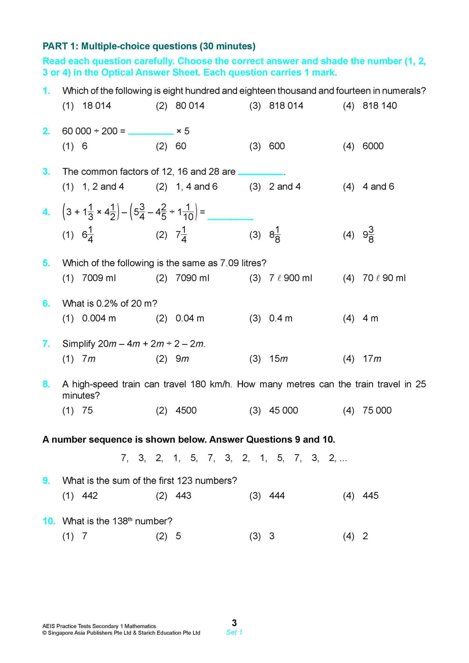AEIS Practice Tests MATHEMATICS – Secondary 1 (12 to 14+ Years)
