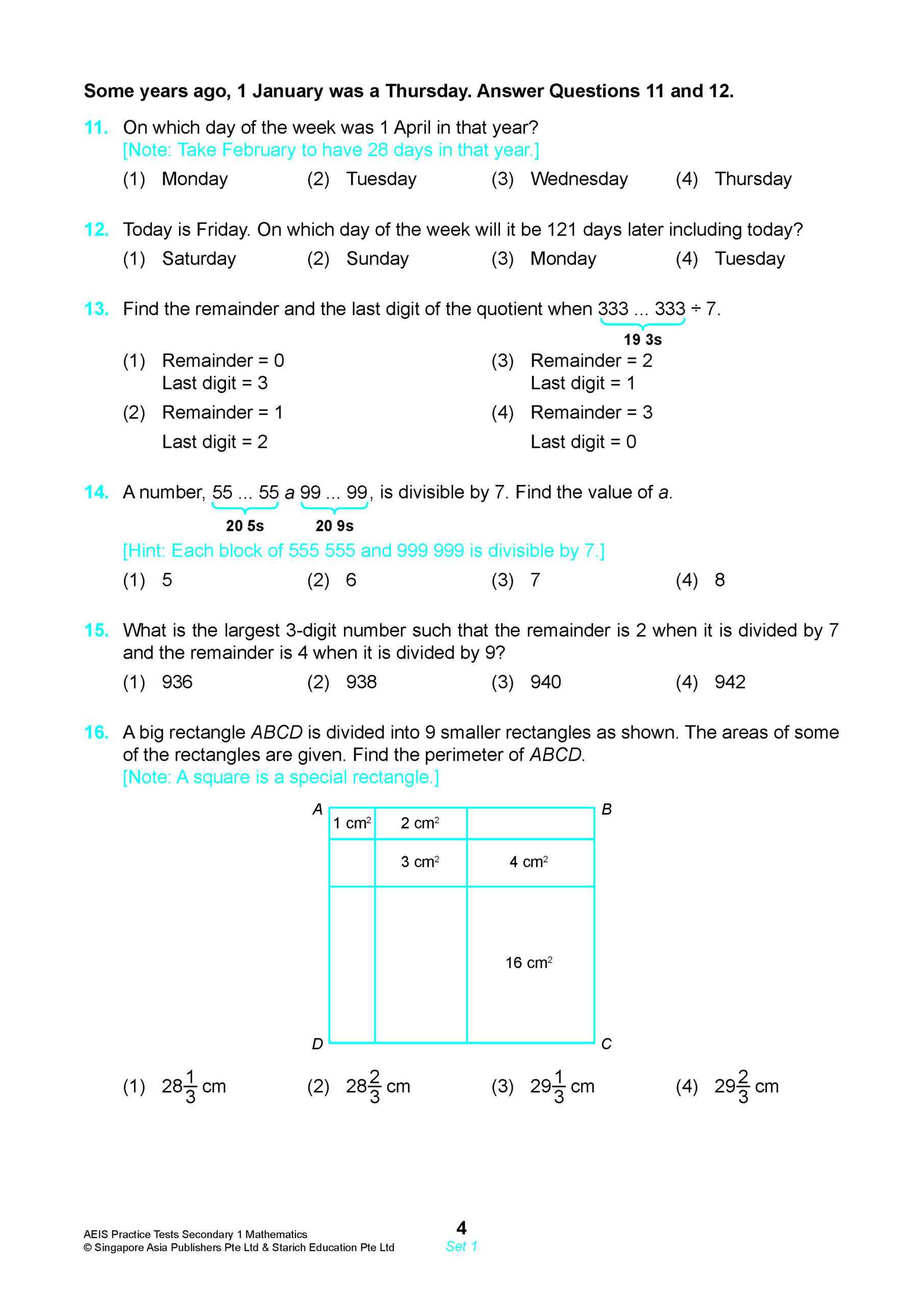AEIS Practice Tests MATHEMATICS – Secondary 1 (12 to 14+ Years)