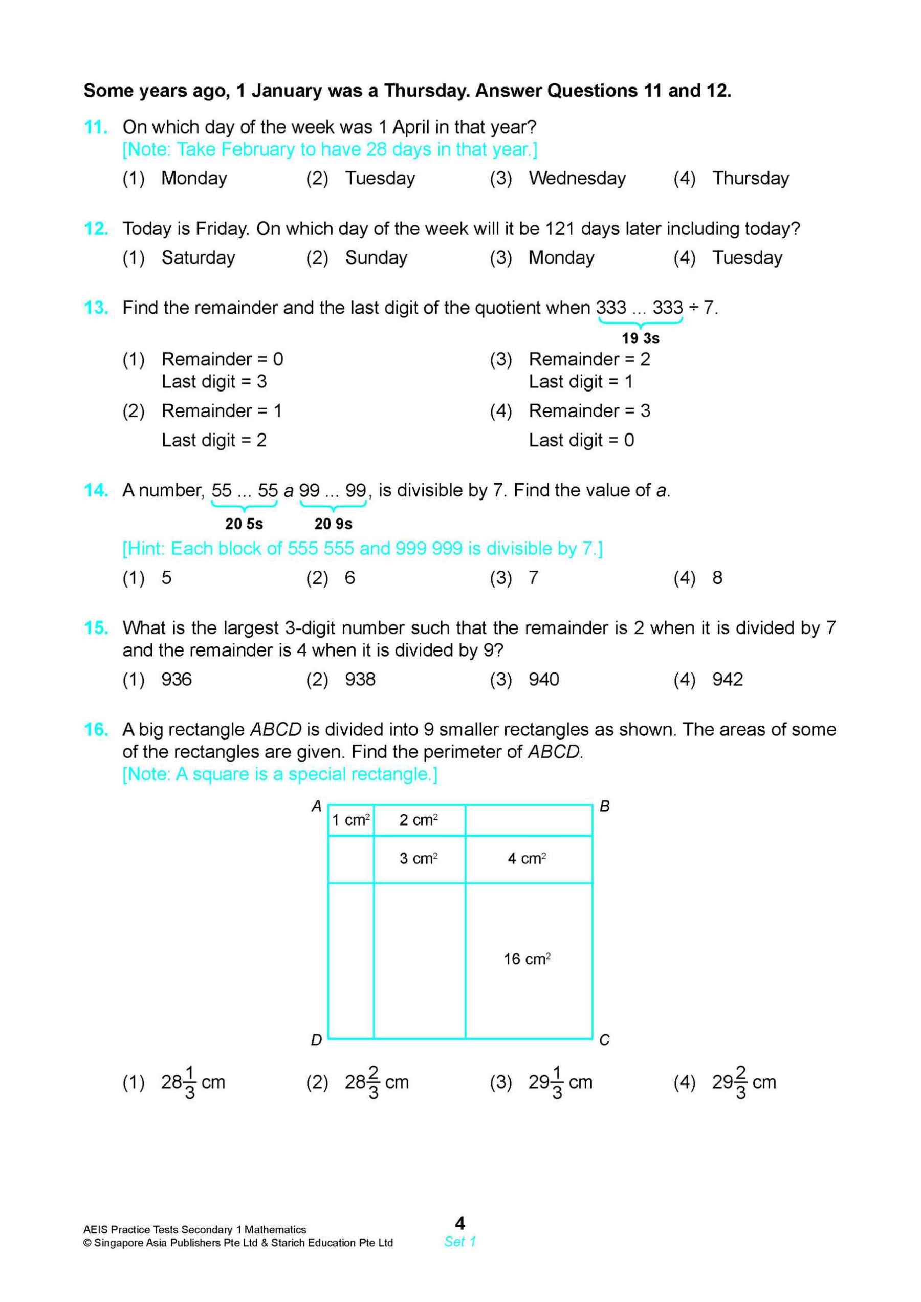 AEIS Practice Tests MATHEMATICS – Secondary 1 (12 to 14+ Years)