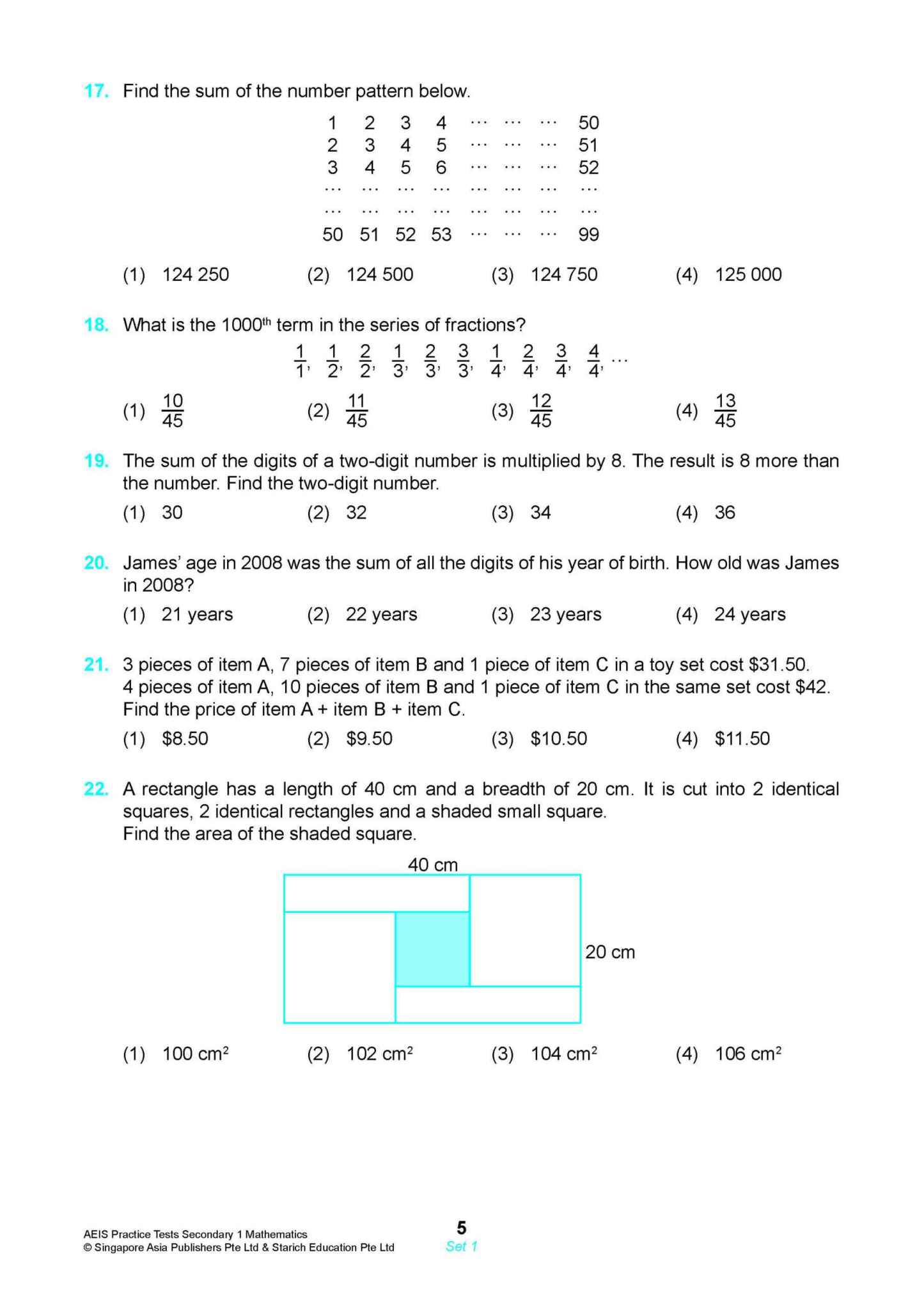 AEIS Practice Tests MATHEMATICS – Secondary 1 (12 to 14+ Years)