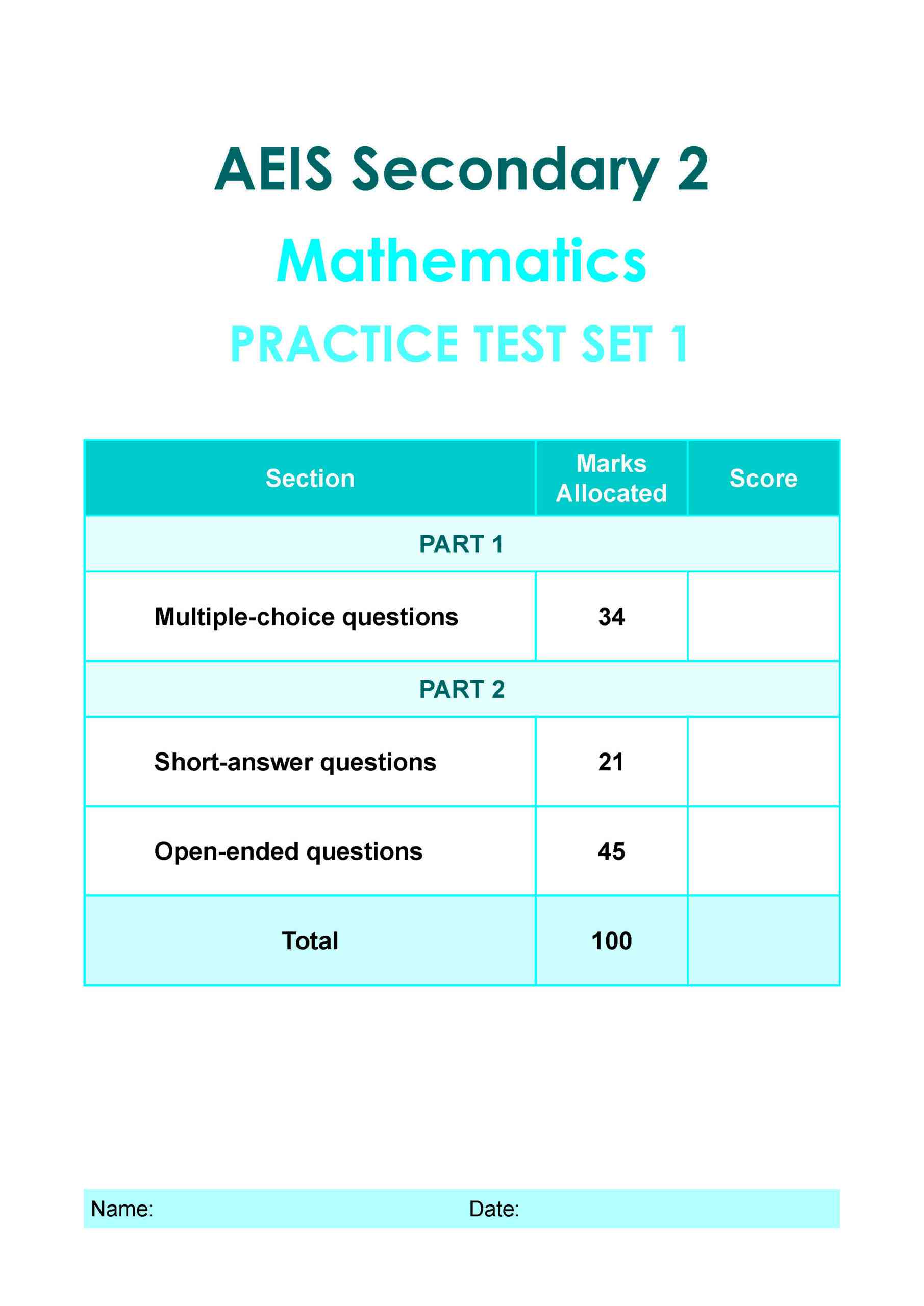 AEIS Practice Tests MATHEMATICS – Secondary 2 (13 to 15+ Years)