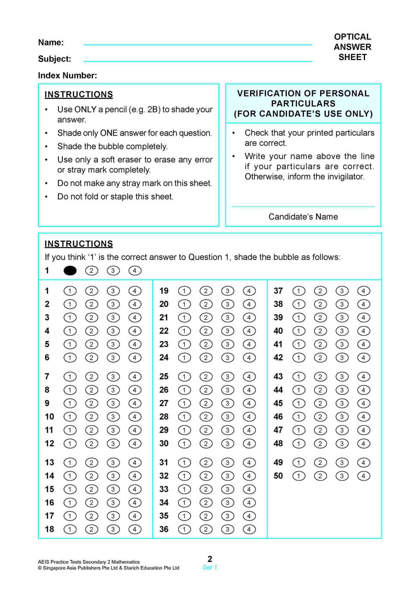 AEIS Practice Tests MATHEMATICS – Secondary 2 (13 to 15+ Years)