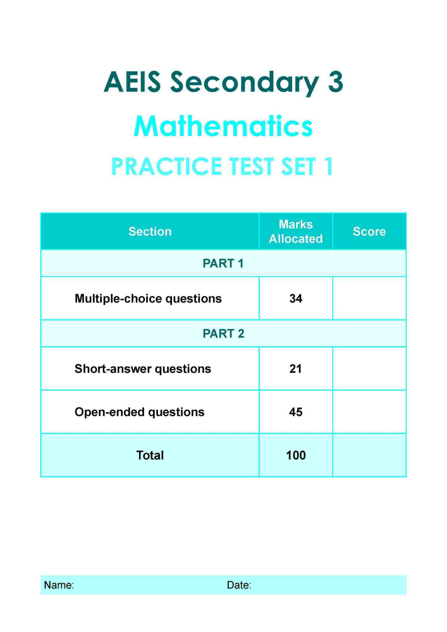 AEIS Practice Tests MATHEMATICS – Secondary 3 (14 to 16+ Years)