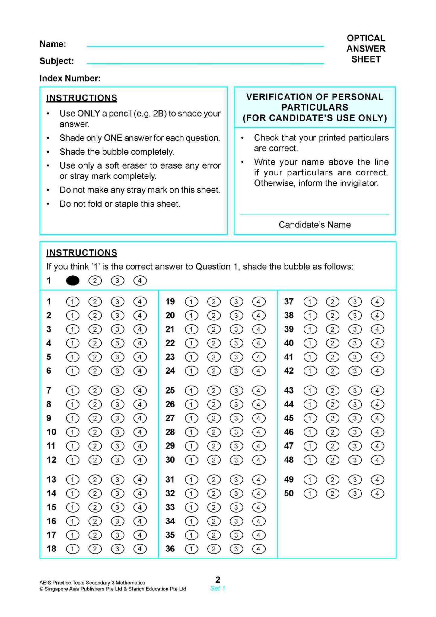 AEIS Practice Tests MATHEMATICS – Secondary 3 (14 to 16+ Years)