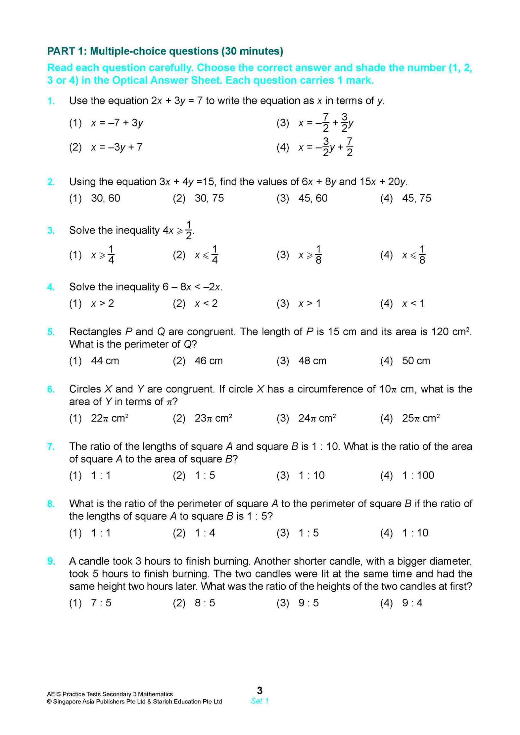 AEIS Practice Tests MATHEMATICS – Secondary 3 (14 to 16+ Years)