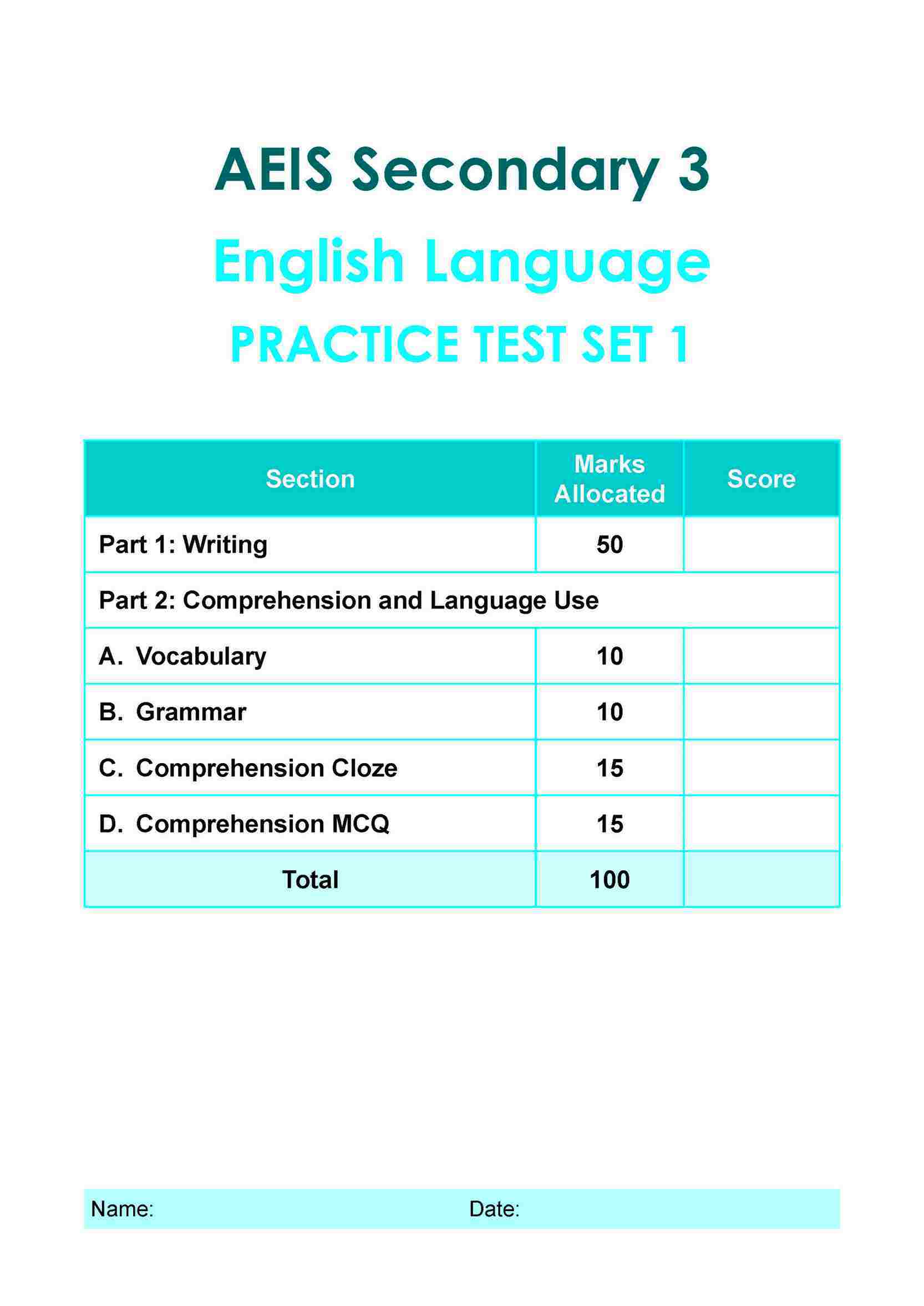 AEIS Practice Tests ENGLISH – Secondary 3 (14 to 16+ Years)