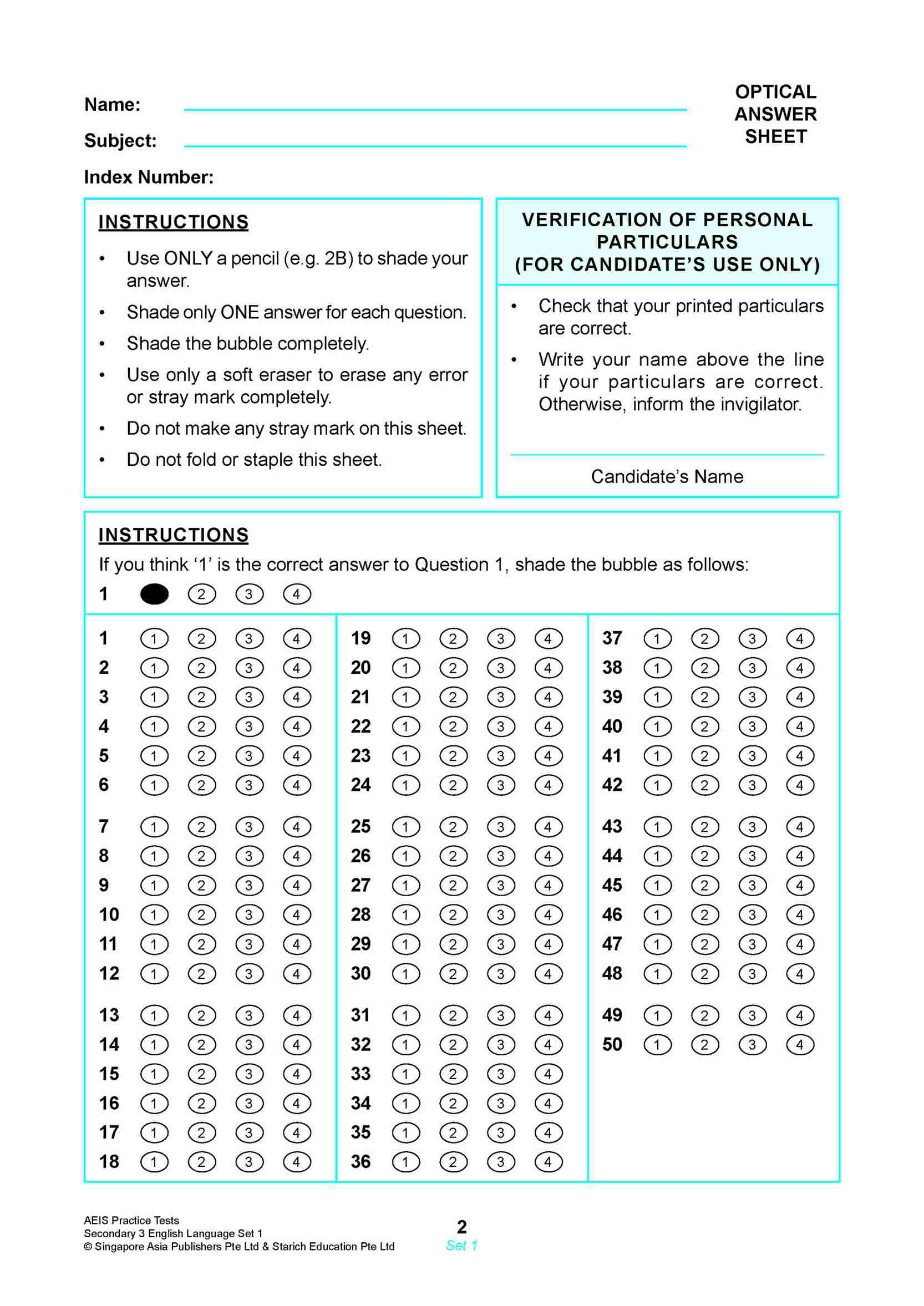 AEIS Practice Tests ENGLISH – Secondary 3 (14 to 16+ Years)