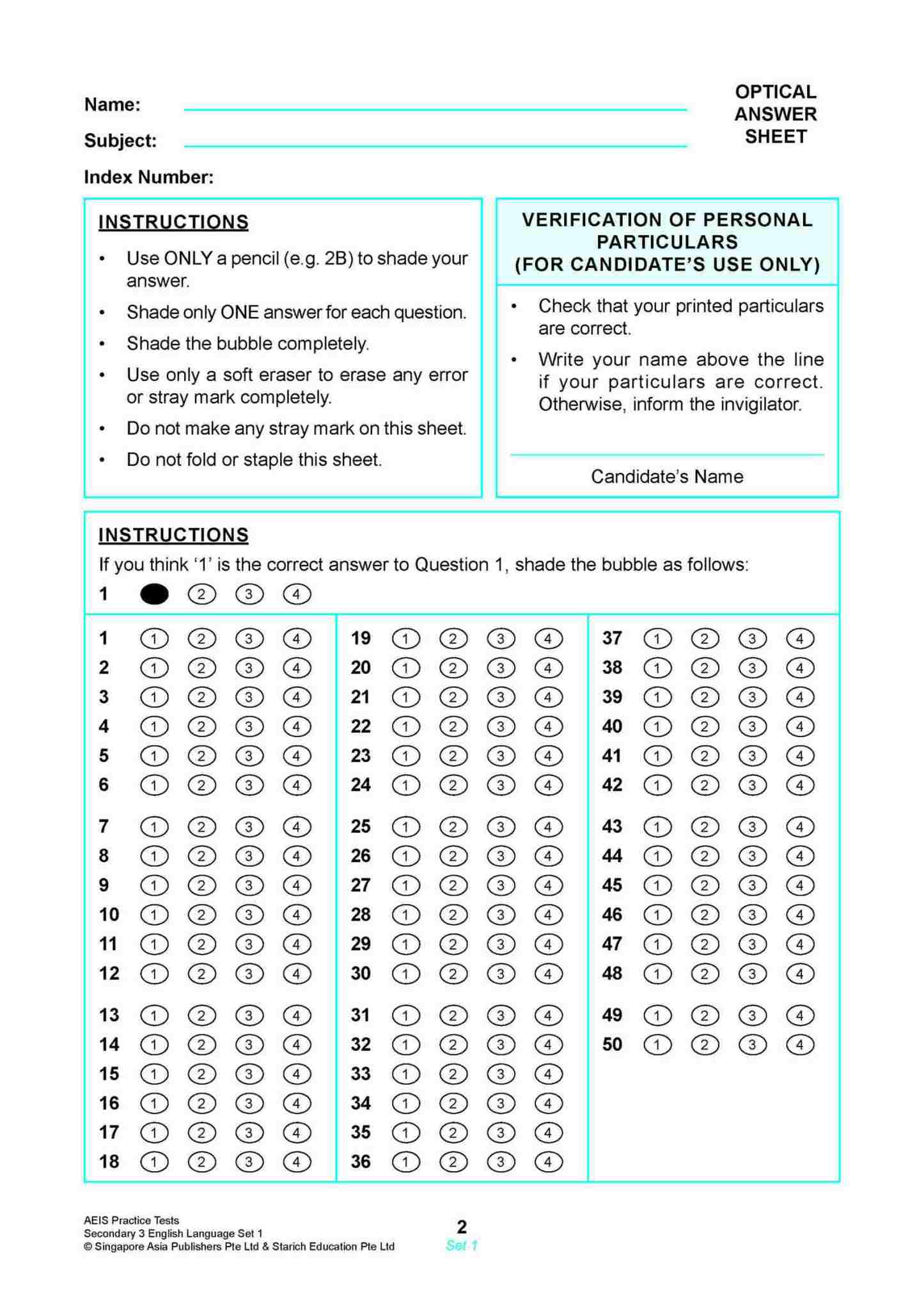 AEIS Practice Tests ENGLISH – Secondary 3 (14 to 16+ Years)