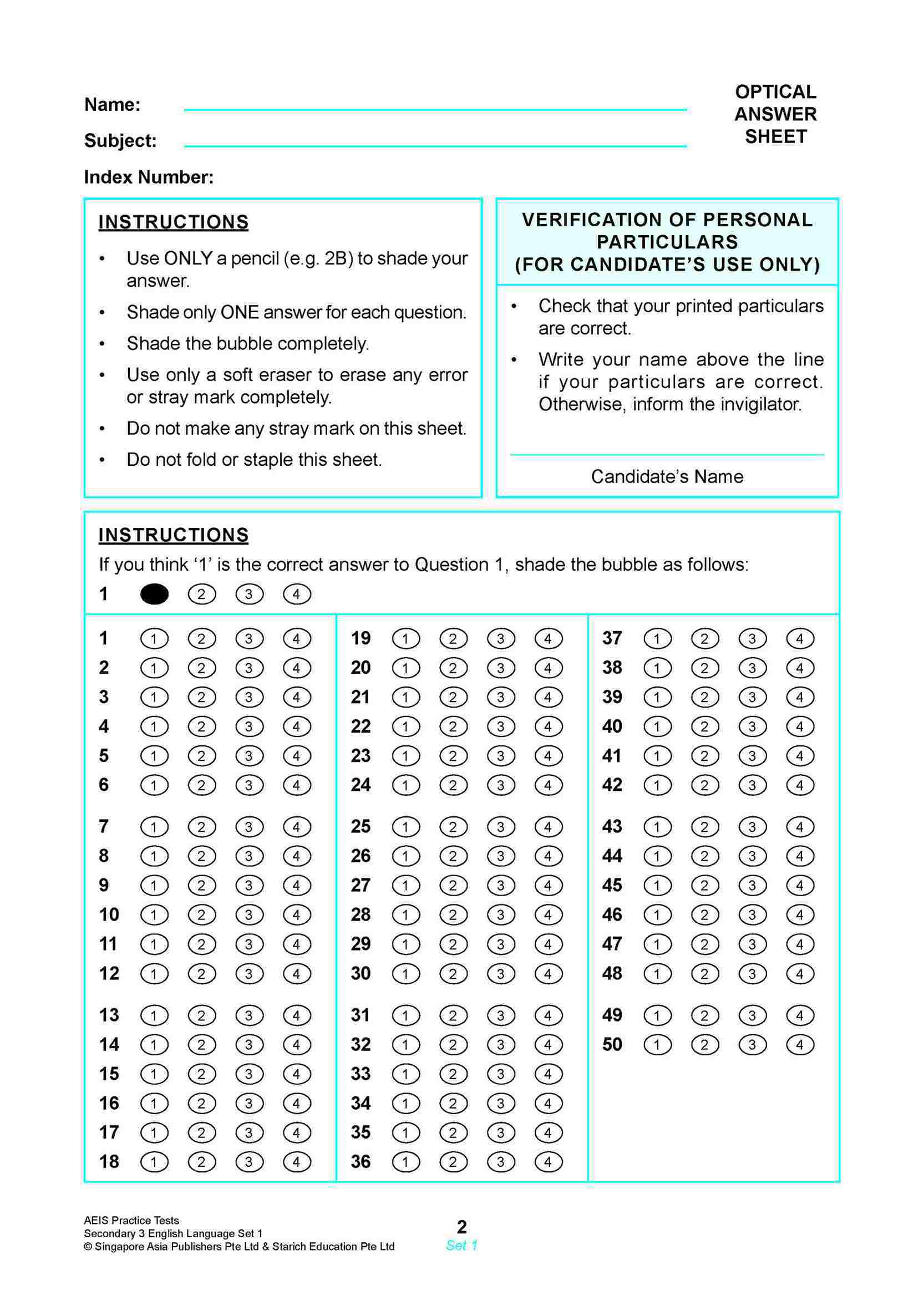 AEIS Practice Tests ENGLISH – Secondary 3 (14 to 16+ Years)