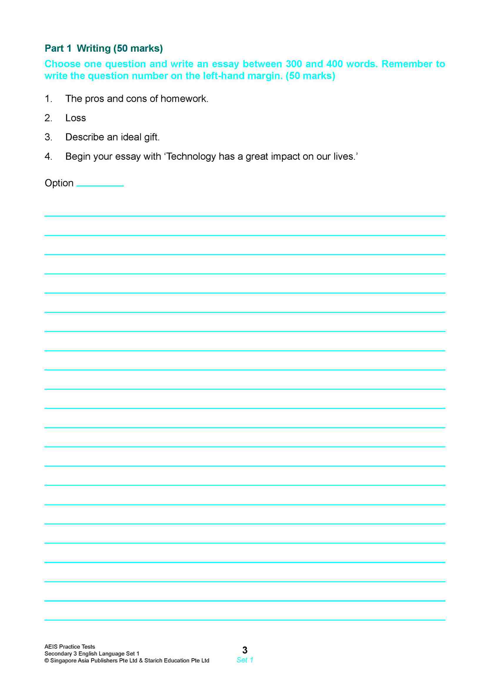 AEIS Practice Tests ENGLISH – Secondary 3 (14 to 16+ Years)