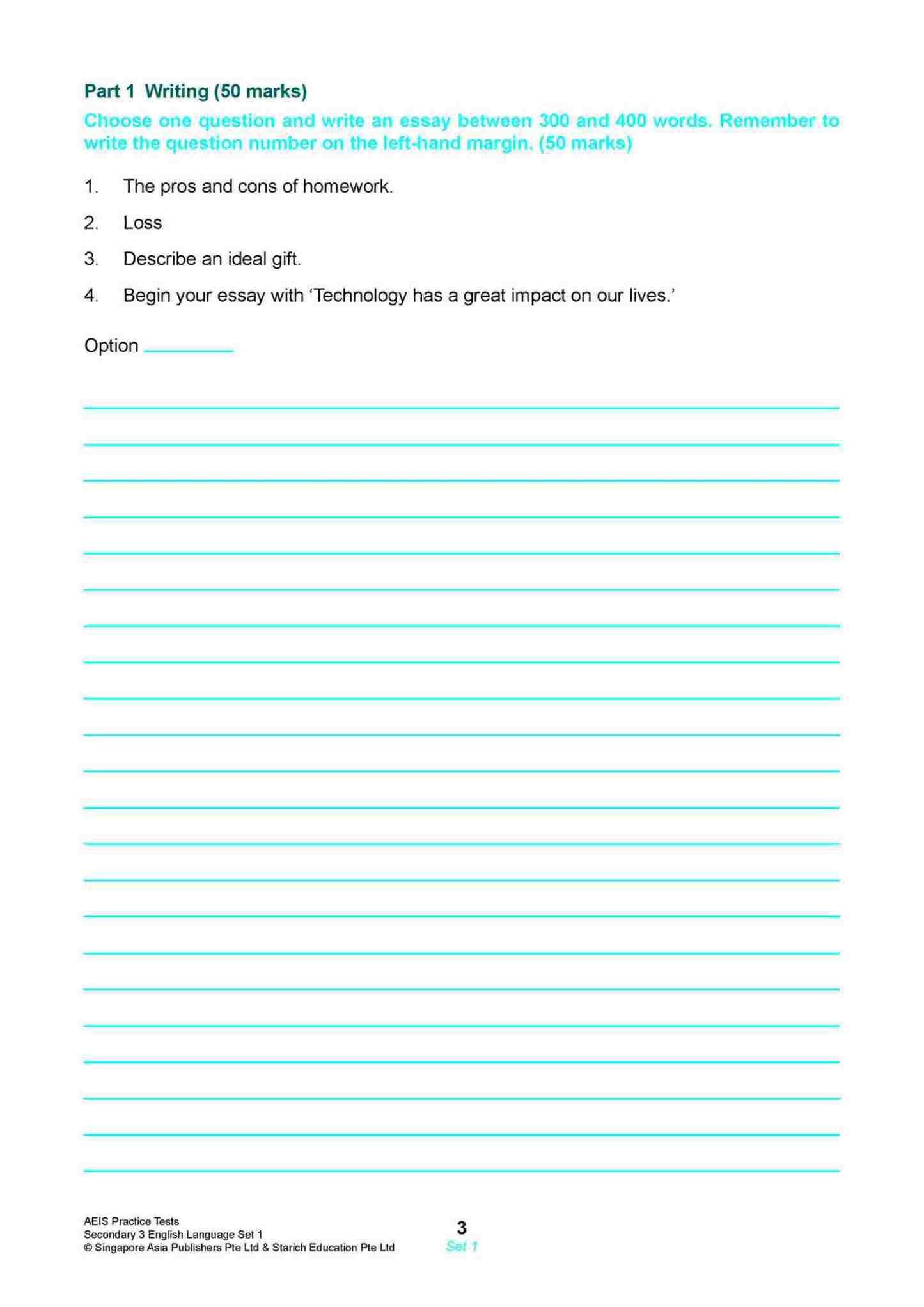 AEIS Practice Tests ENGLISH – Secondary 3 (14 to 16+ Years)