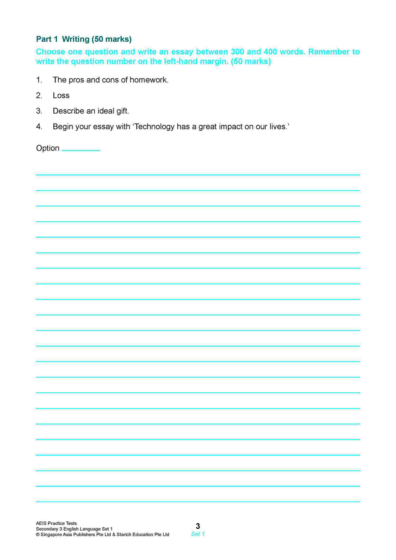 AEIS Practice Tests ENGLISH – Secondary 3 (14 to 16+ Years)