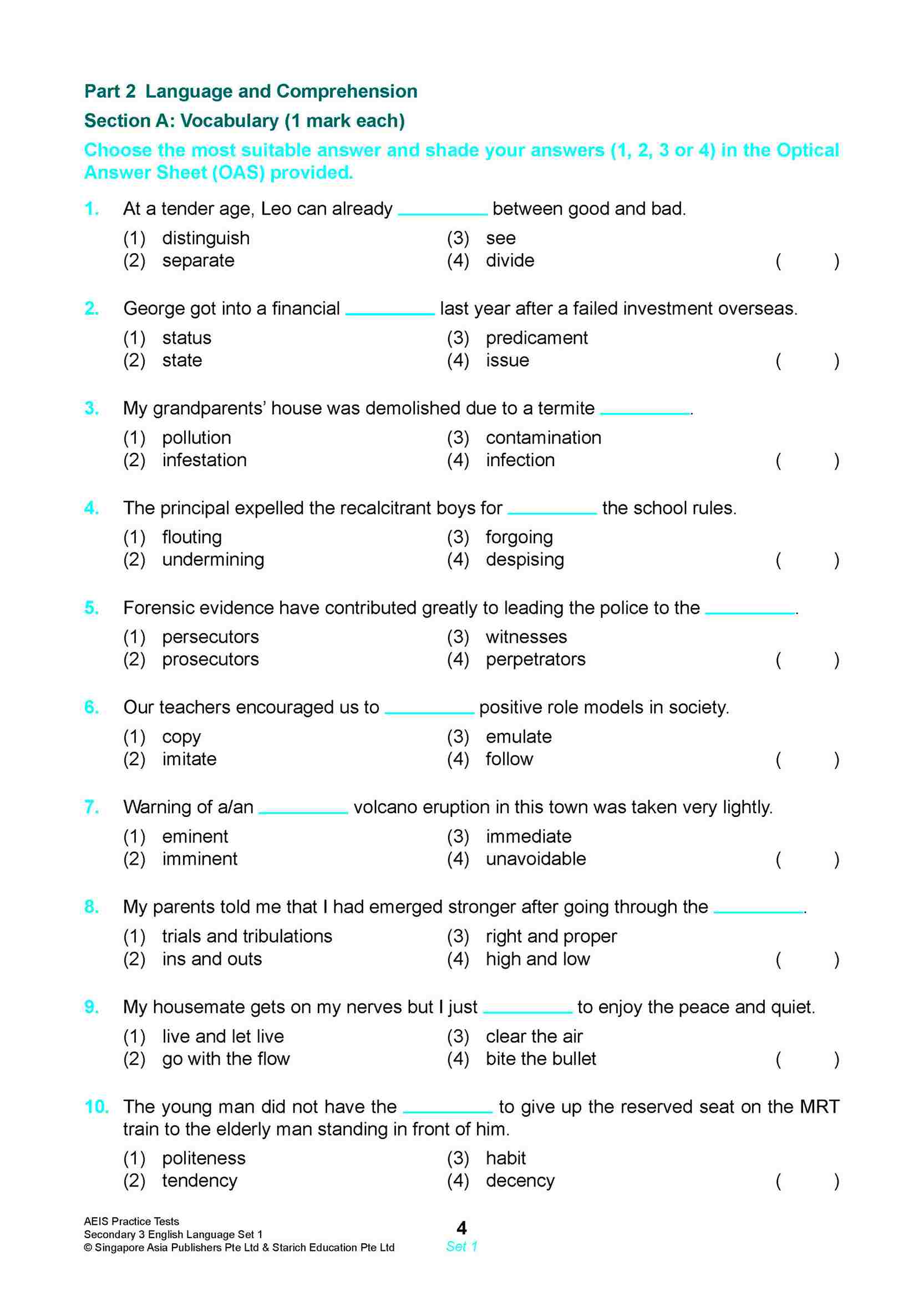 AEIS Practice Tests ENGLISH – Secondary 3 (14 to 16+ Years)