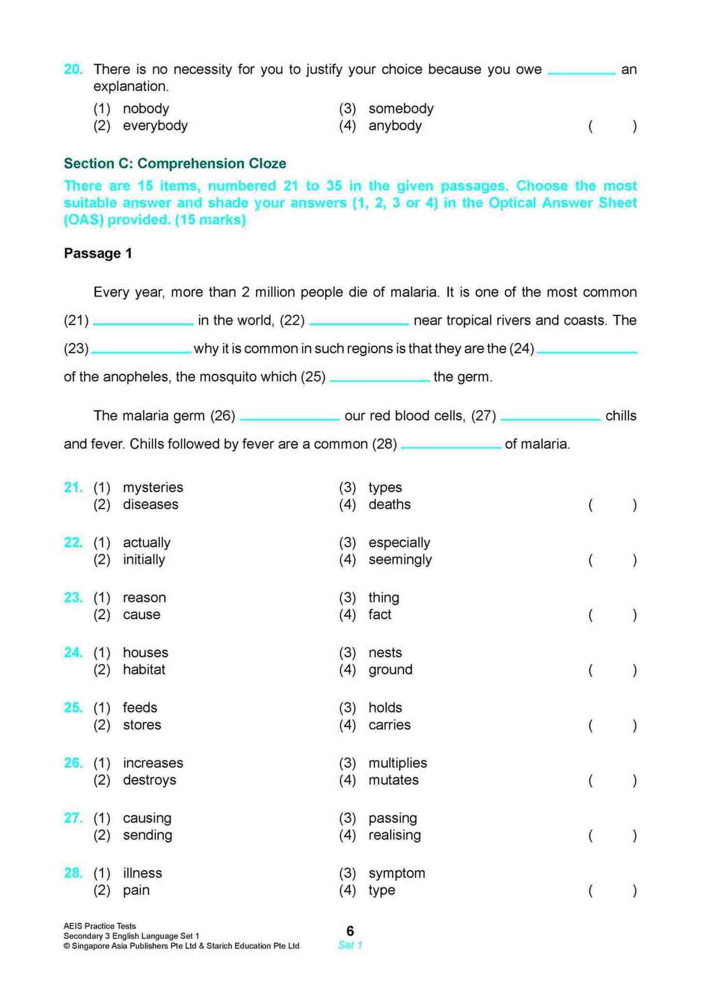 AEIS Practice Tests ENGLISH – Secondary 3 (14 to 16+ Years)