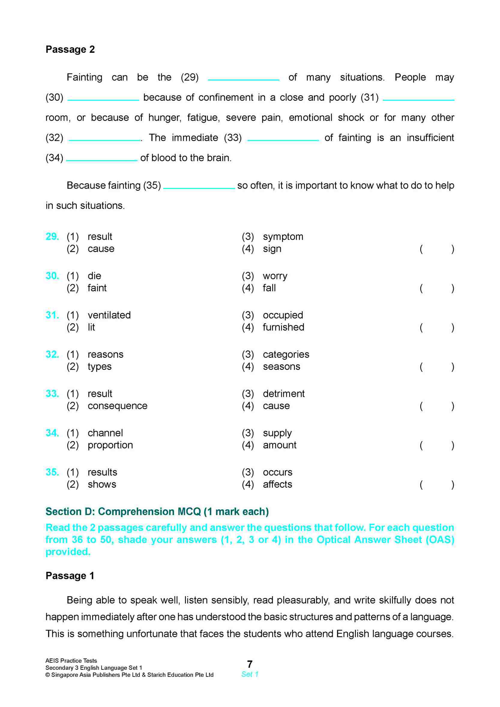 AEIS Practice Tests ENGLISH – Secondary 3 (14 to 16+ Years)