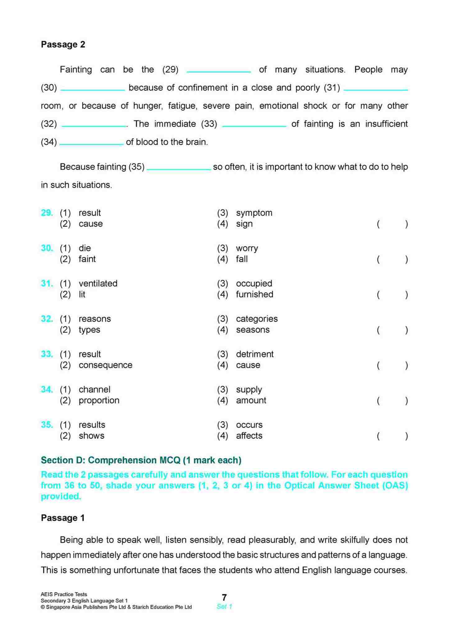 AEIS Practice Tests ENGLISH – Secondary 3 (14 to 16+ Years)